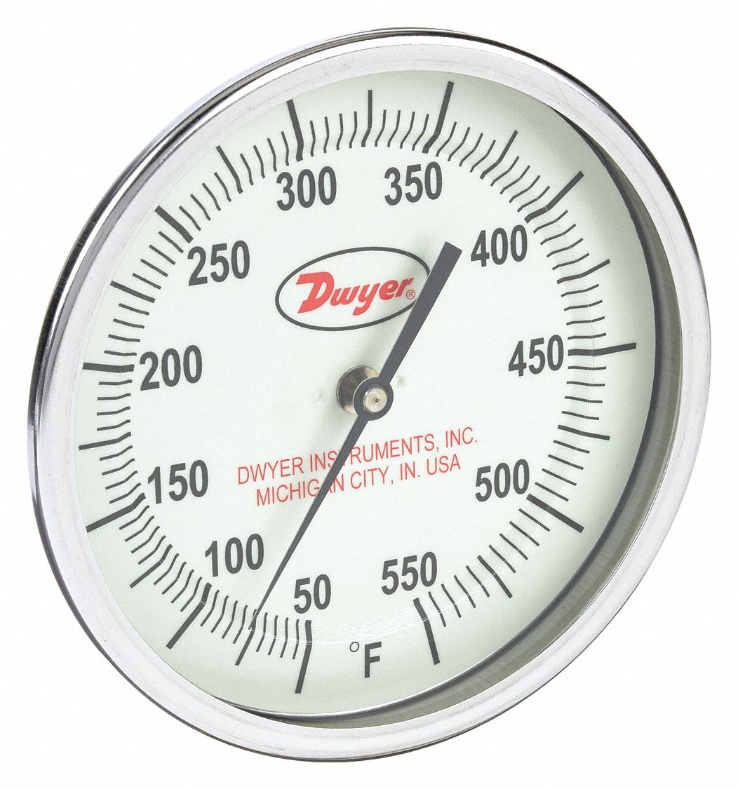 Glow-in-the-Dark Dial Thermometer: 50°F to 550°F, +/- 1% Accuracy, 5 in Dial Dia, Male