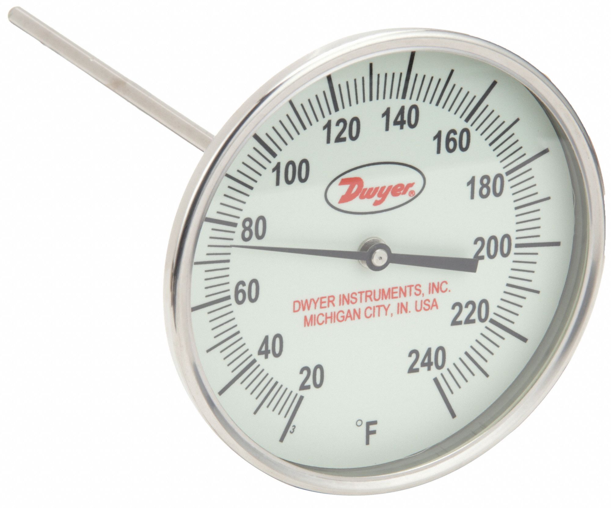 Glow-in-the-Dark Dial Thermometer: 20°F to 240°F, +/- 1% Accuracy, 5 in Dial Dia, Male
