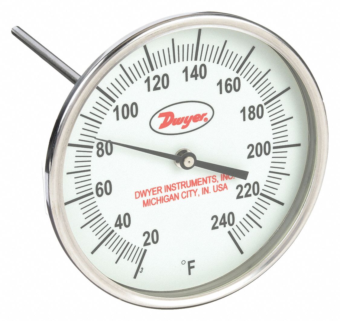 Glow-in-the-Dark Dial Thermometer: 20°F to 240°F, +/- 1% Accuracy, 5 in Dial Dia, Male