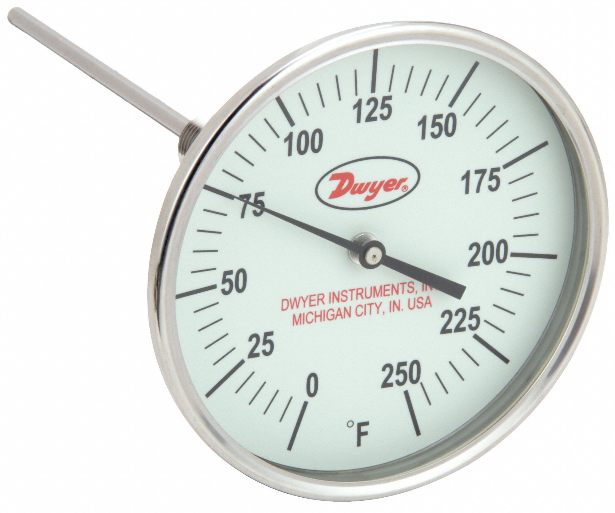 Glow-in-the-Dark Dial Thermometer: 0°F to 250°F, +/- 1% Accuracy, 5 in Dial Dia, Male