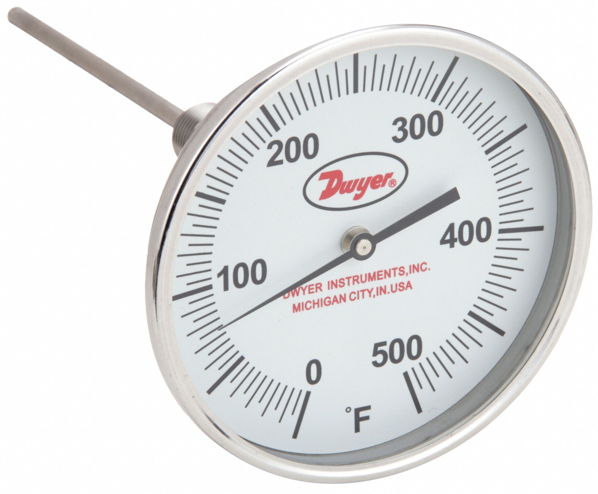 Glow-in-the-Dark Dial Thermometer: 0°F to 500°F, +/- 1% Accuracy, 5 in Dial Dia, Male