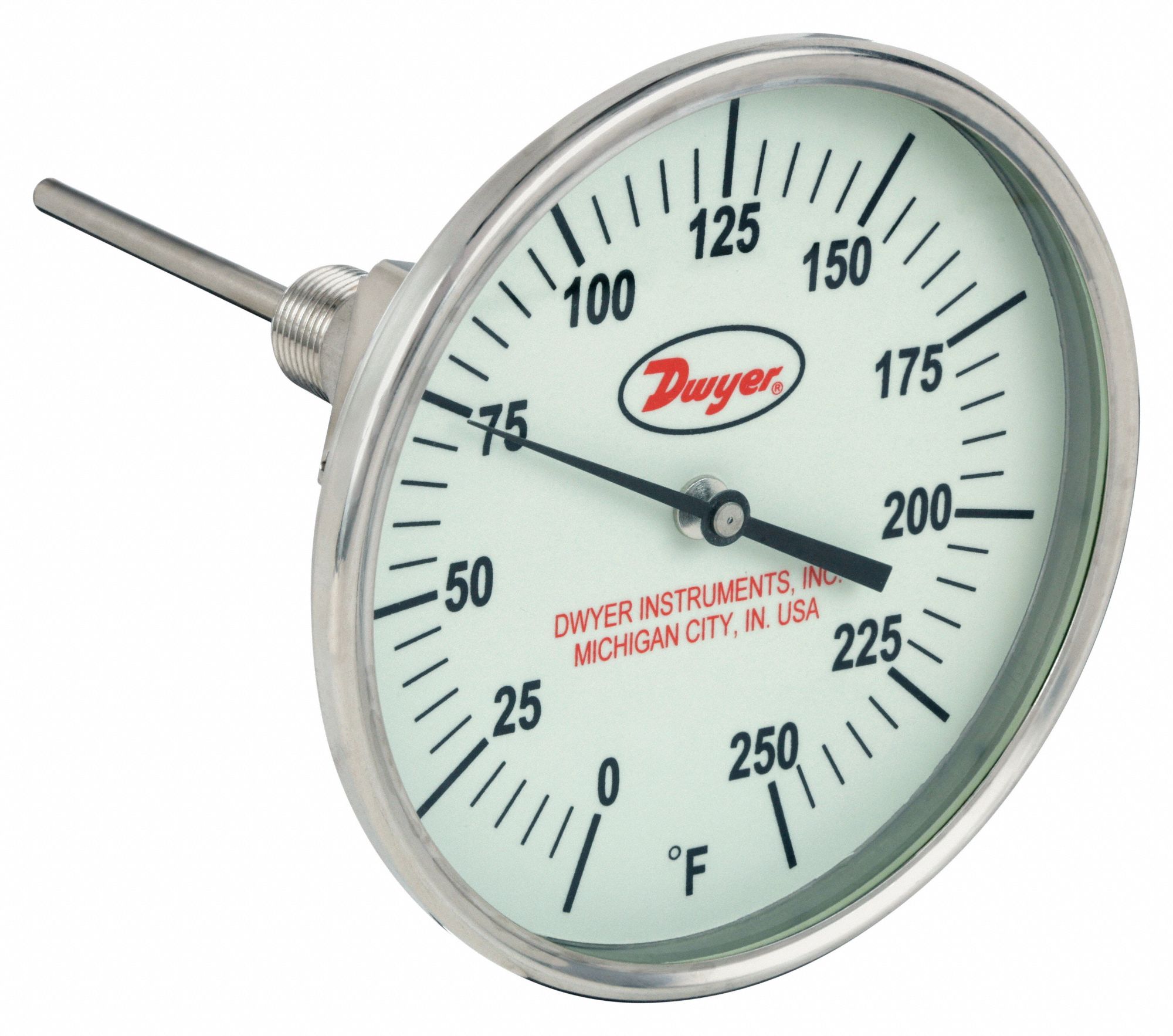 Glow-in-the-Dark Dial Thermometer: 0°F to 250°F, +/- 1% Accuracy, 5 in Dial Dia, Male