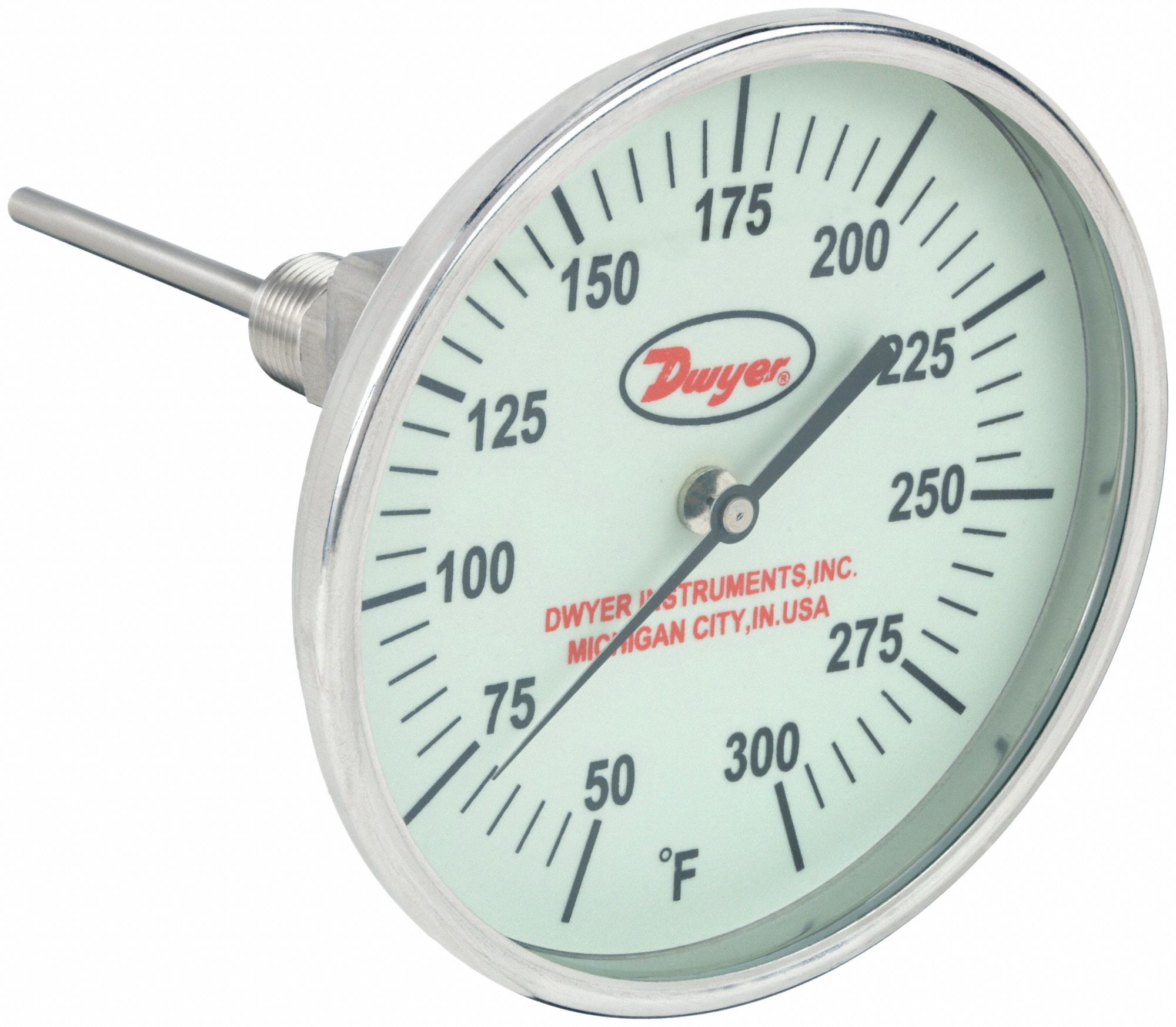 Glow-in-the-Dark Dial Thermometer: 50°F to 300°F, +/- 1% Accuracy, 5 in Dial Dia, Male