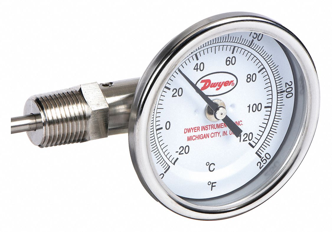 Dial Thermometer: 0°F to 250°F /-20°C to 120°C, ±2%Full Scale Accuracy, 2.5 in Stem Lg