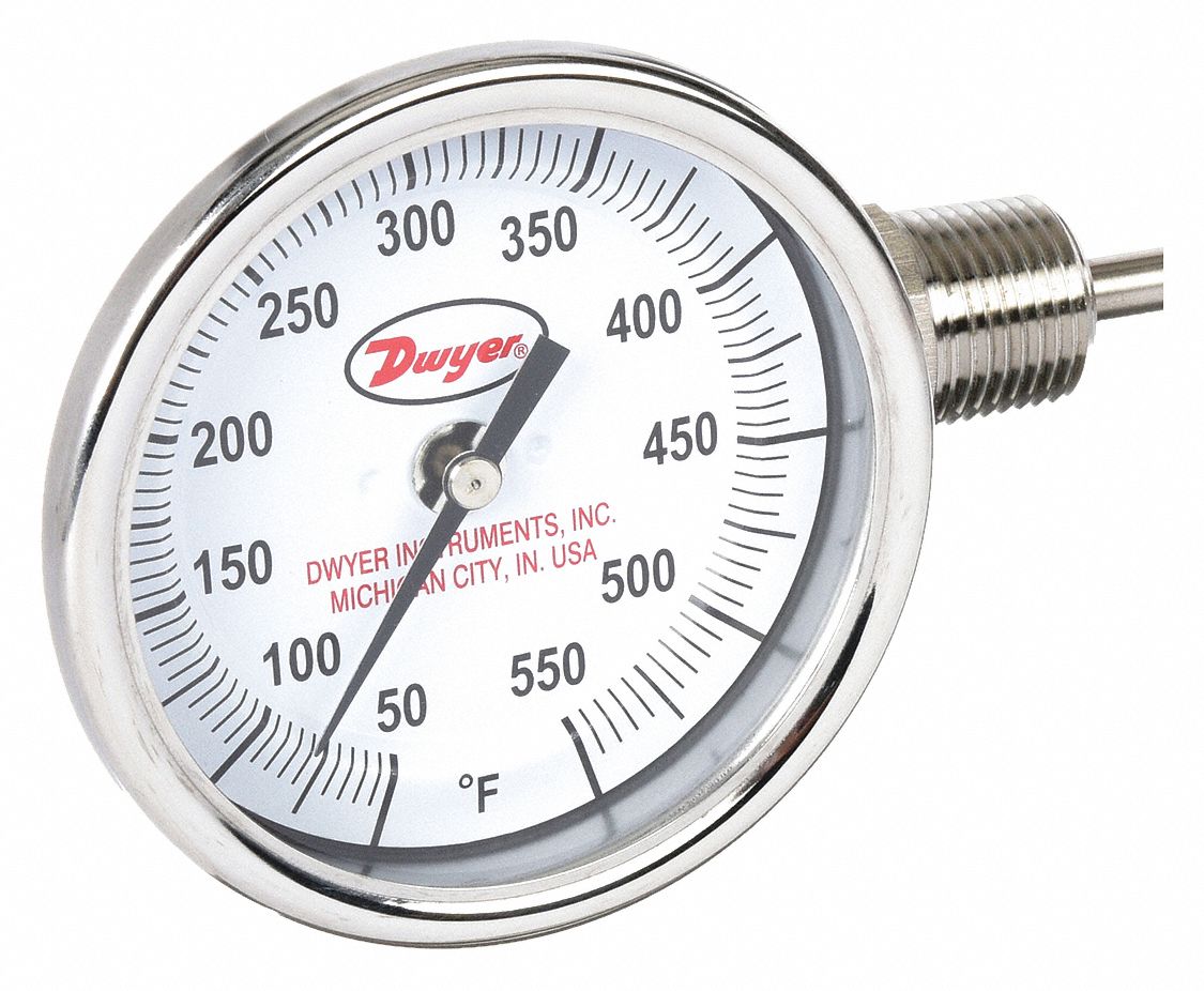 Dial Thermometer: 50°F to 500°F, ±2%Full Scale Accuracy, 6 in Stem Lg, 3 in Dial Dia
