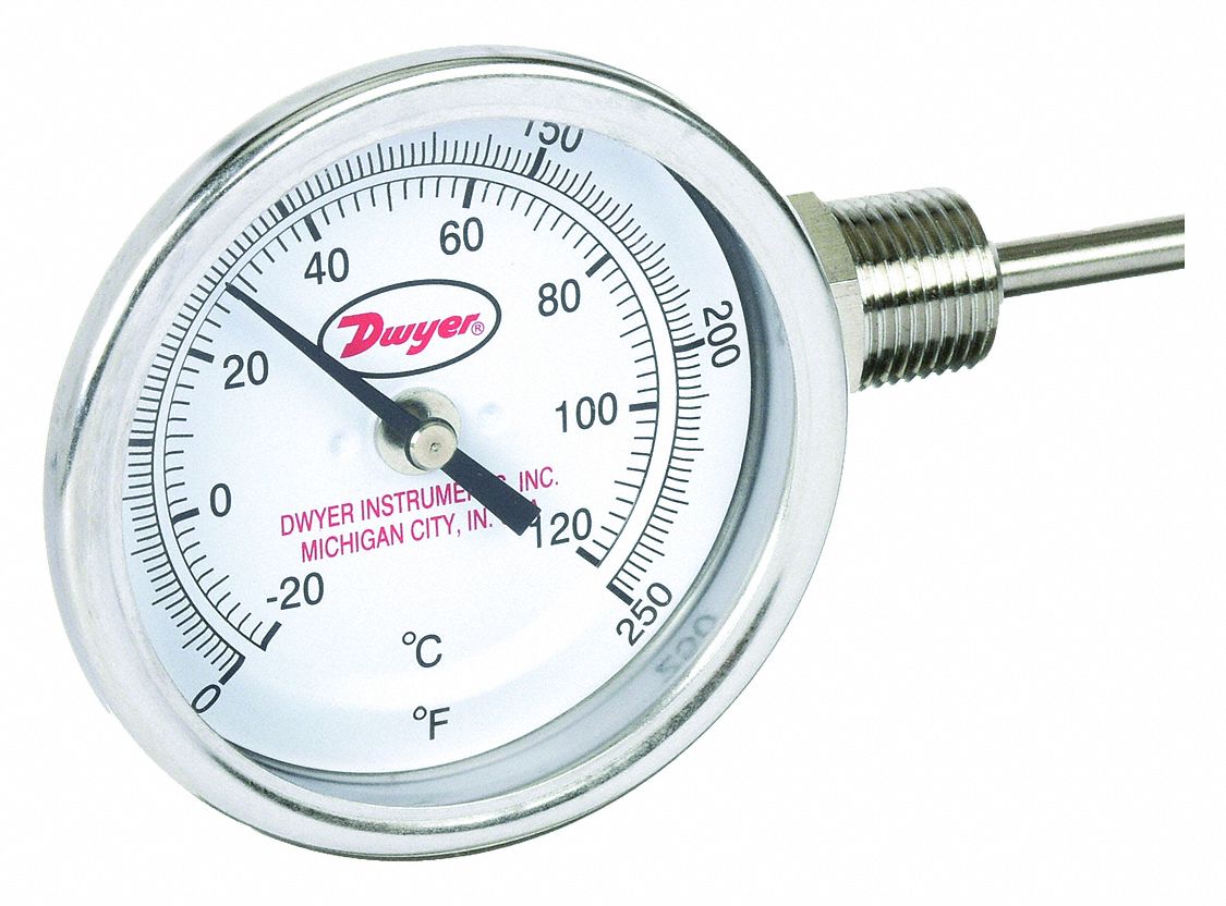 Dial Thermometer: 0°F to 250°F /-20°C to 120°C, ±2%Full Scale Accuracy, 6 in Stem Lg