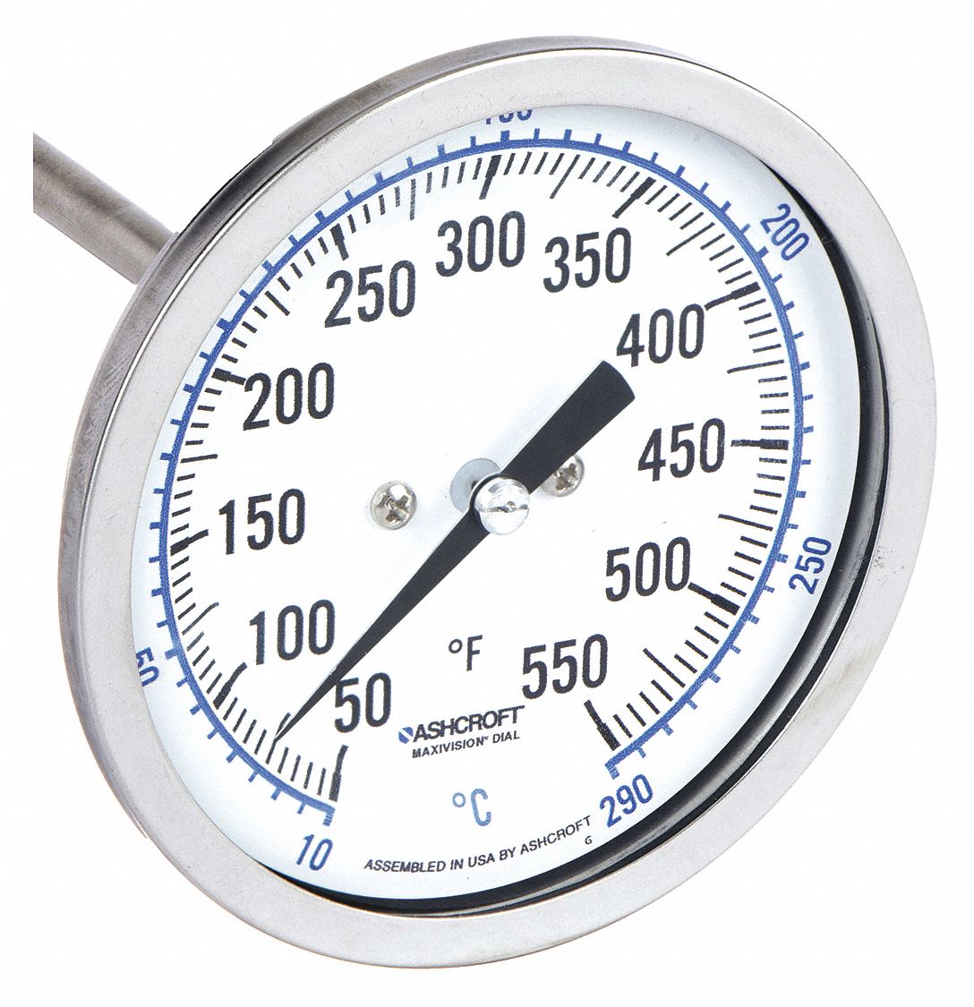 Clip On Dial Thermometer: -40°F to 160°F, +/- 2% Accuracy, 5 in Stem Lg, Fahrenheit