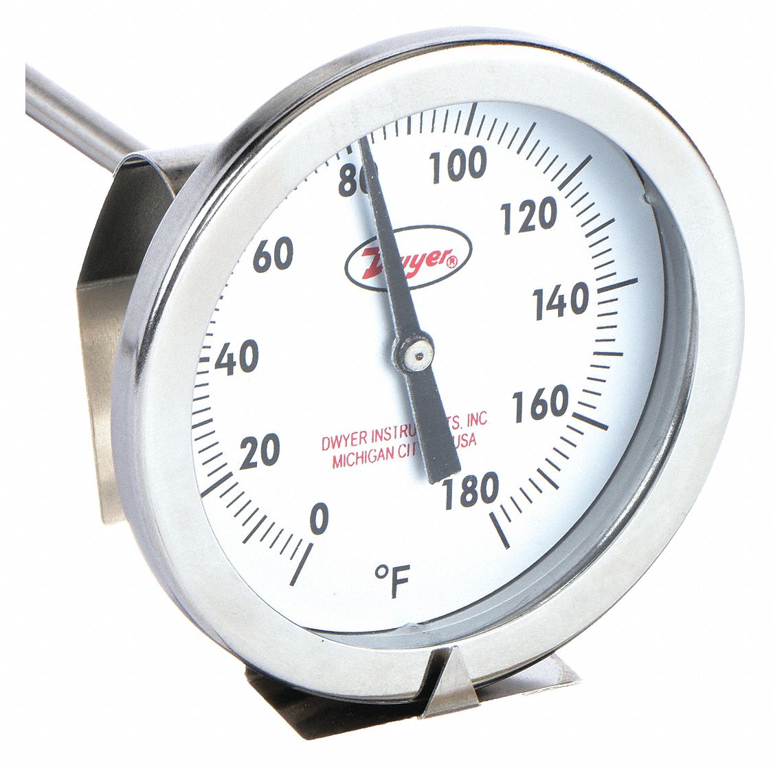 Clip On Dial Thermometer: 0°F to 180°F, +/- 2% Accuracy, 5 in Stem Lg, Fahrenheit