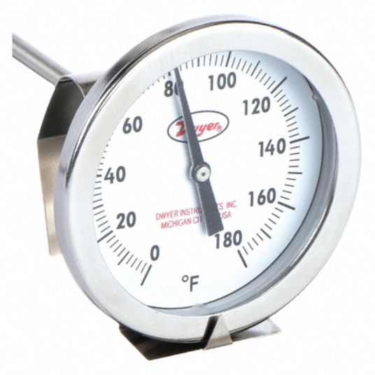 Dwyer Clip on Dial Thermometer: 1 3/4 in Dial Dia, 8 in Stem Lg, 0° to 180°F, Fahrenheit, 2°F CBT1780101