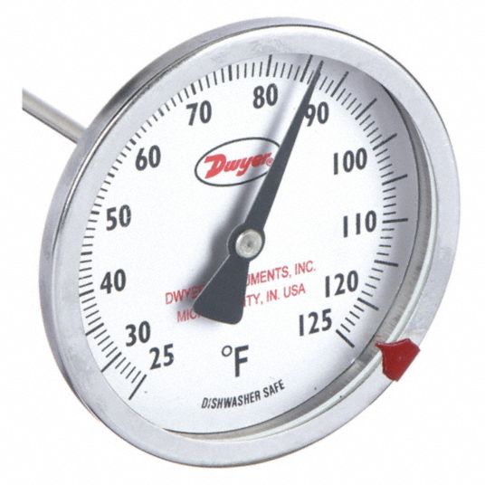 Dwyer Clip on Dial Thermometer: 1 3/4 in Dial Dia, 8 in Stem Lg, 0° to 180°F, Fahrenheit, 2°F CBT1780101