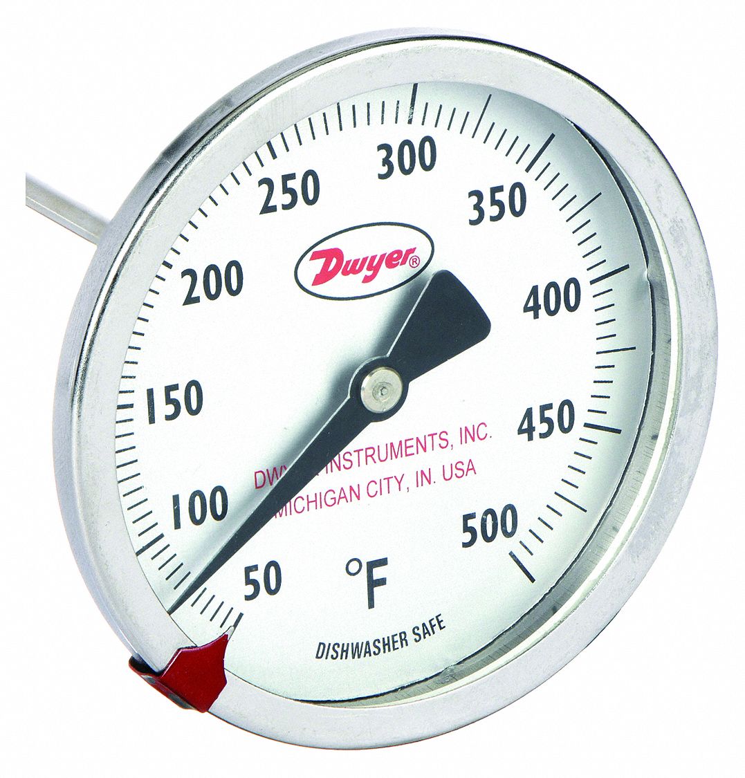 Clip On Dial Thermometer: 50°F to 500°F, +/- 2% Accuracy, 5 in Stem Lg, Fahrenheit