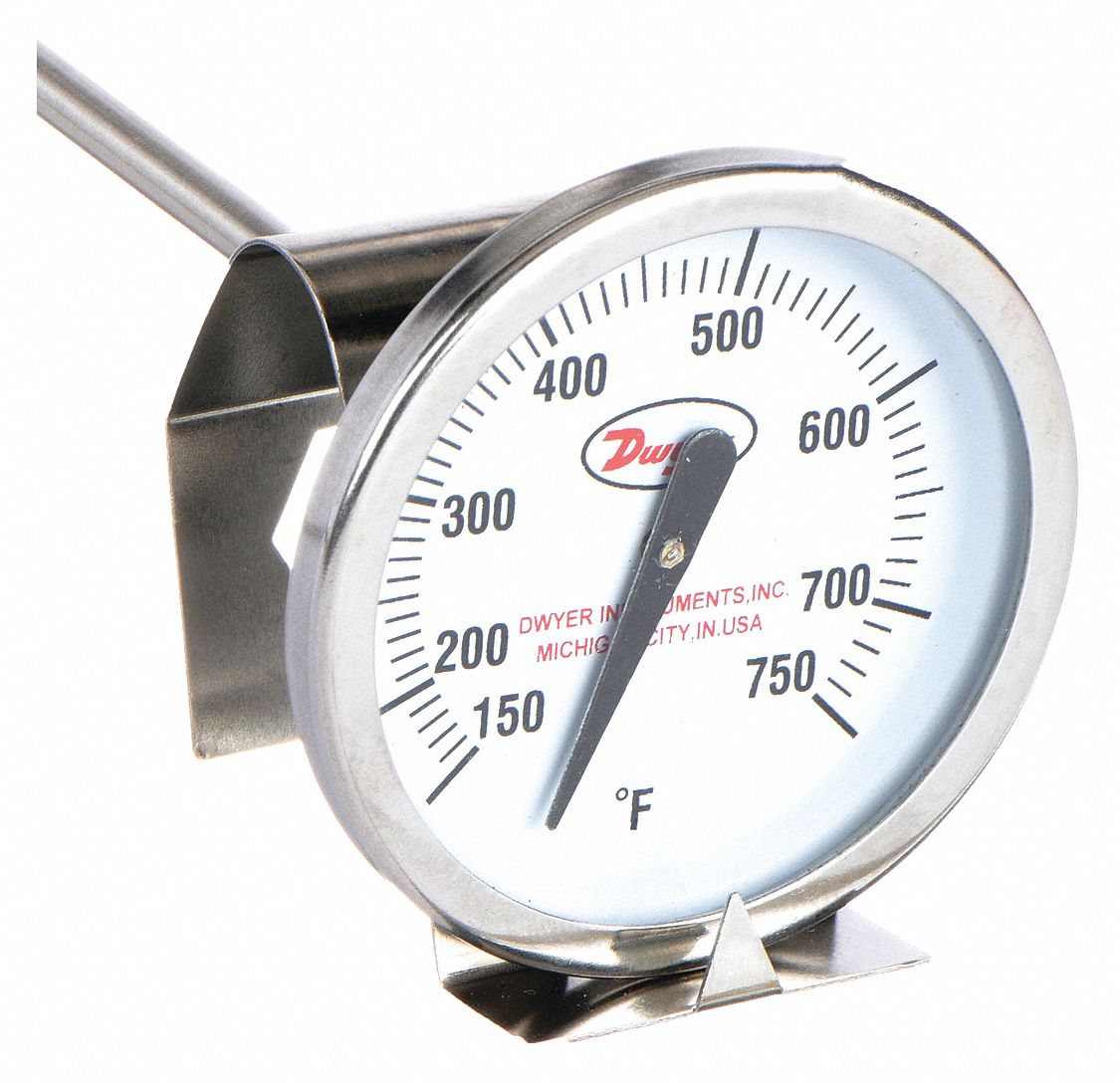 Clip On Dial Thermometer: 150°F to 750°F, +/- 2% Accuracy, 5 in Stem Lg, Fahrenheit