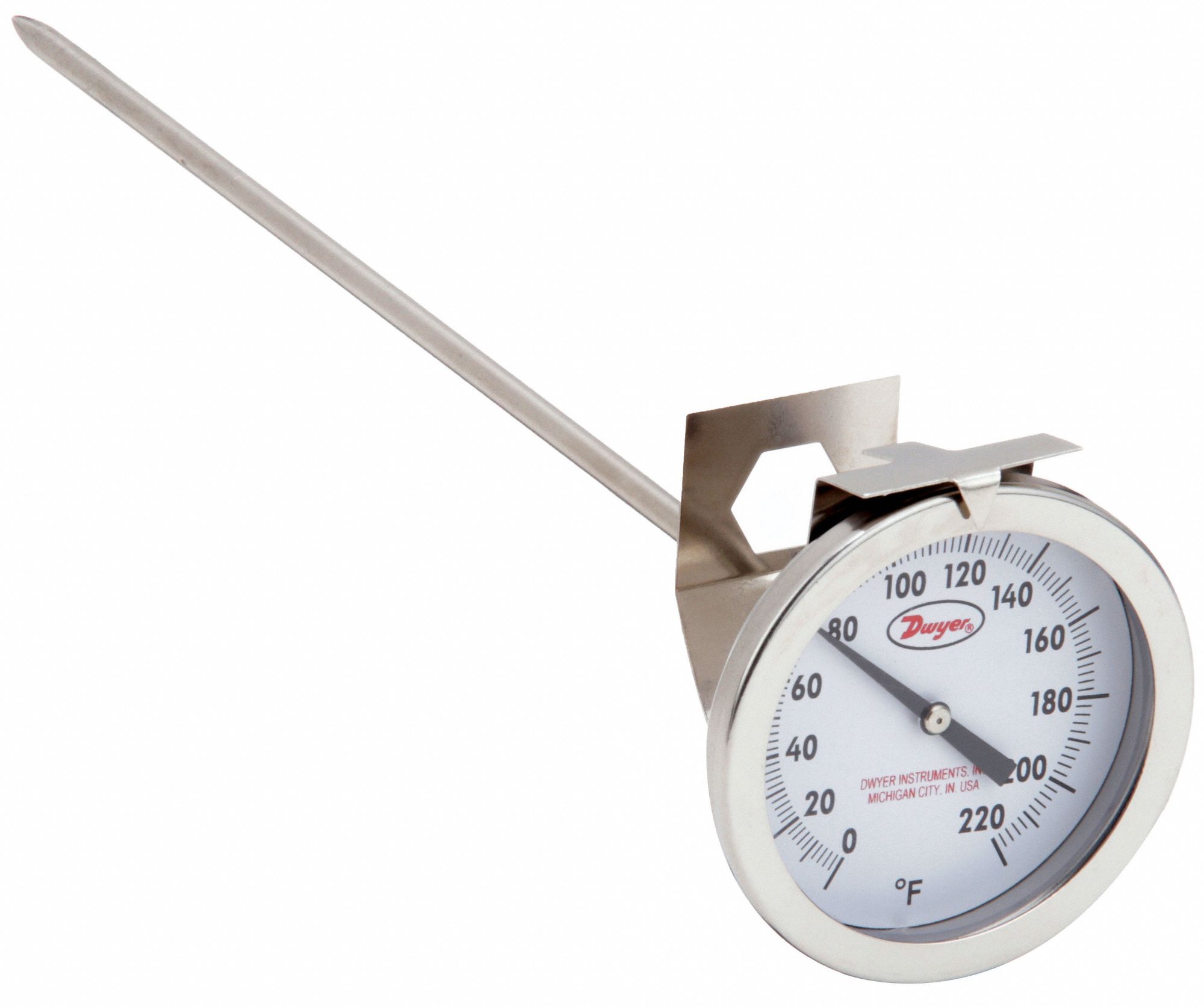 Clip On Dial Thermometer: 0°F to 220°F, +/- 2% Accuracy, 5 in Stem Lg, Fahrenheit