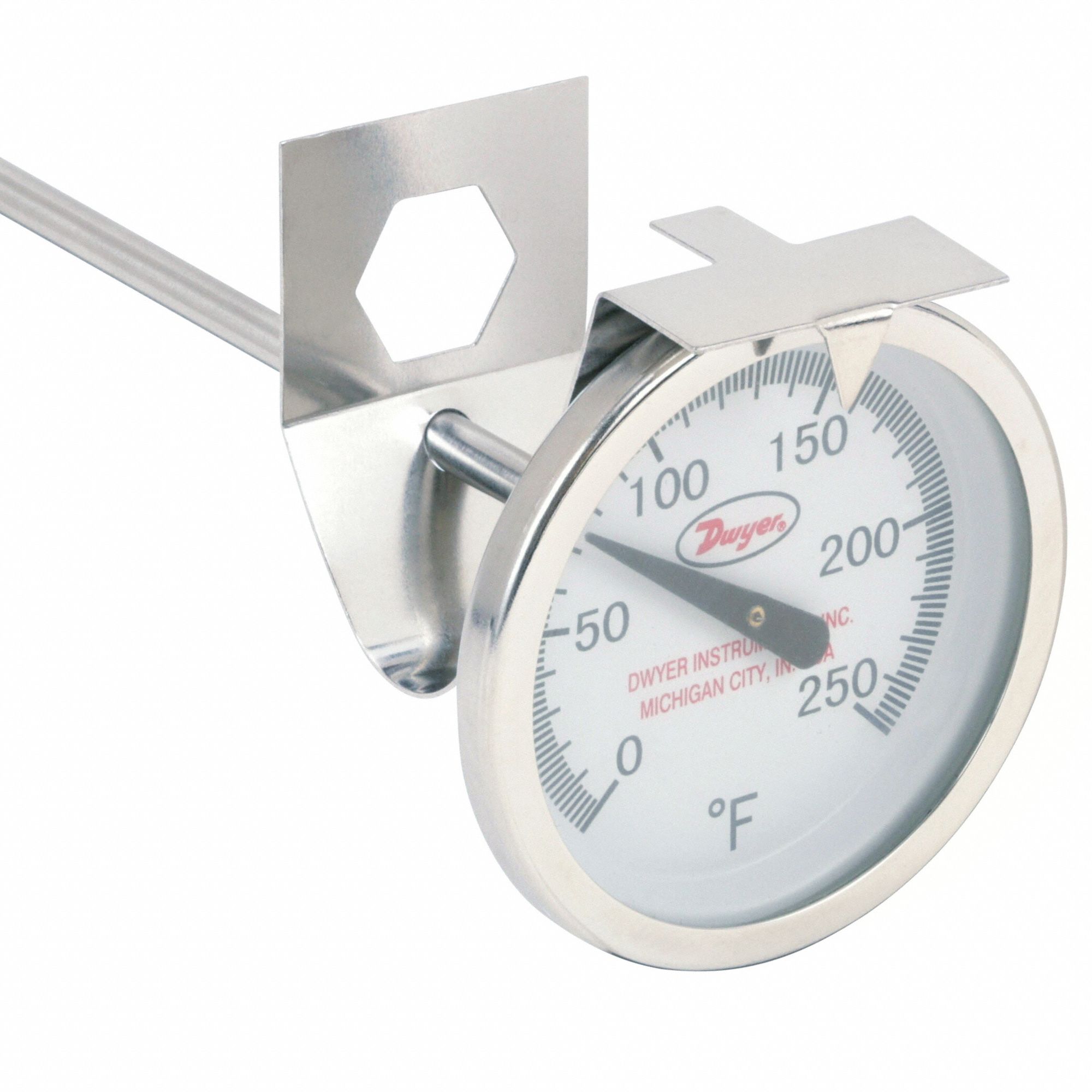 Clip On Dial Thermometer: 0°F to 250°F, +/- 2% Accuracy, 8 in Stem Lg, Fahrenheit
