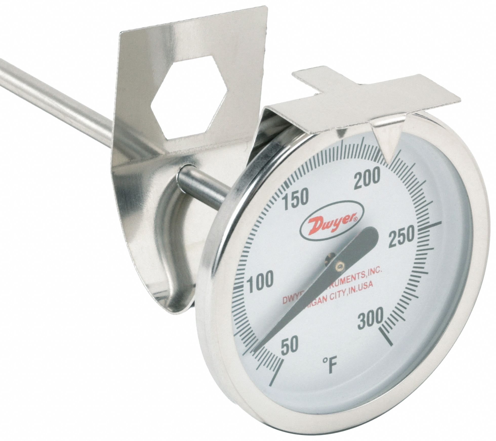 Clip On Dial Thermometer: 50°F to 300°F, +/- 2% Accuracy, 8 in Stem Lg, Fahrenheit