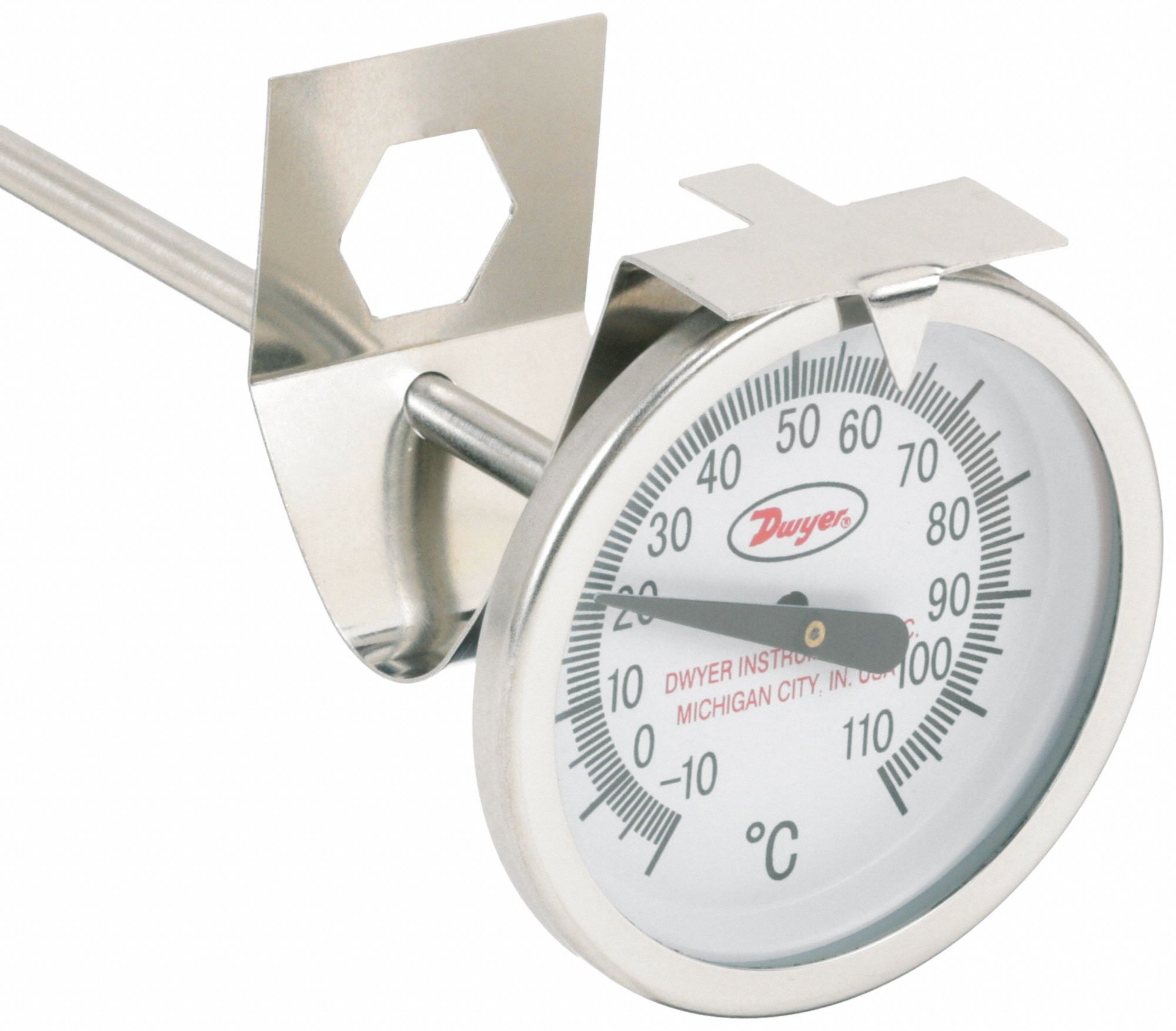Clip On Dial Thermometer: -10°F to 110°F, +/- 2% Accuracy, 8 in Stem Lg, Fahrenheit