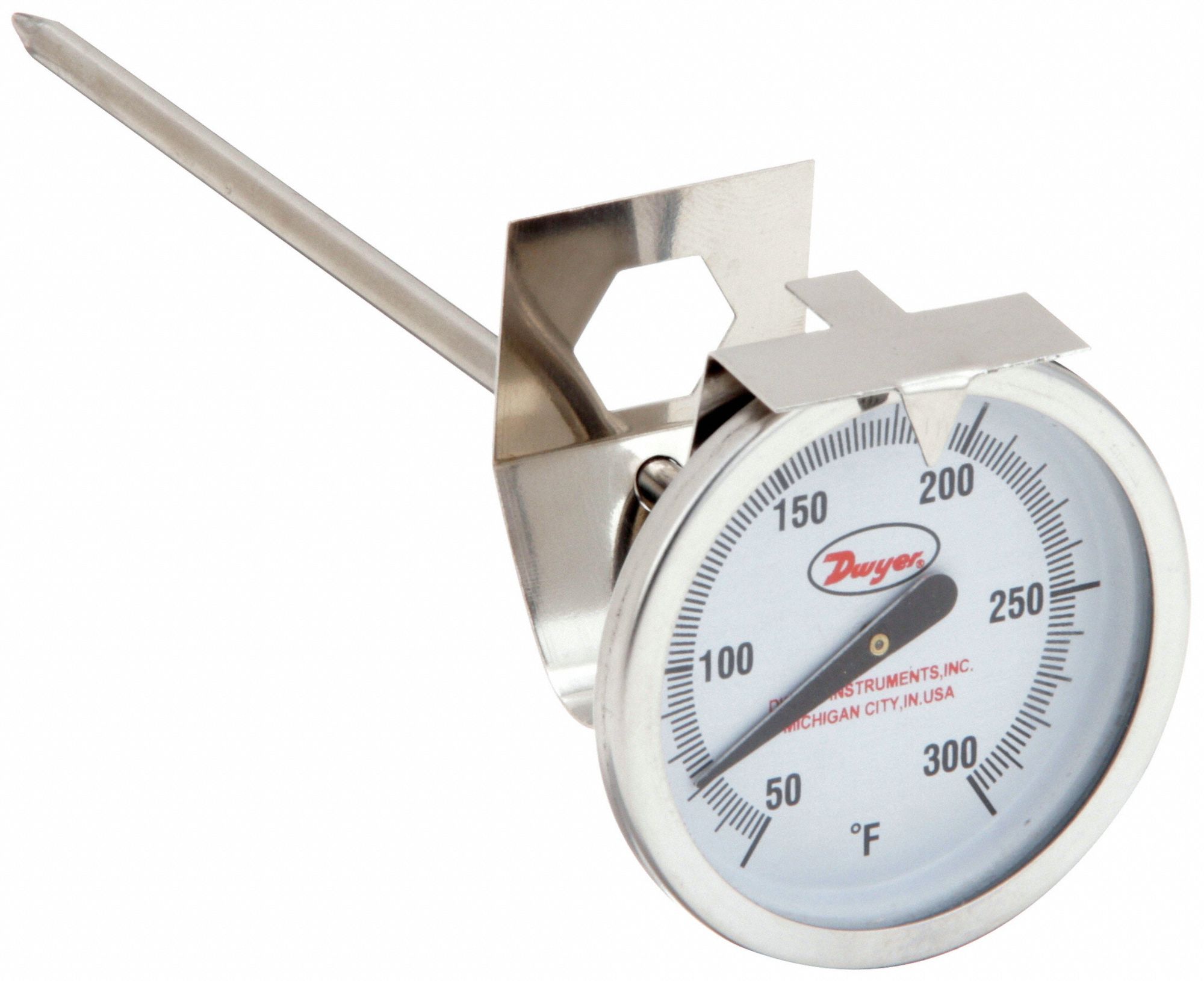 Clip On Dial Thermometer: 50°F to 300°F, +/- 2% Accuracy, 8 in Stem Lg, Fahrenheit
