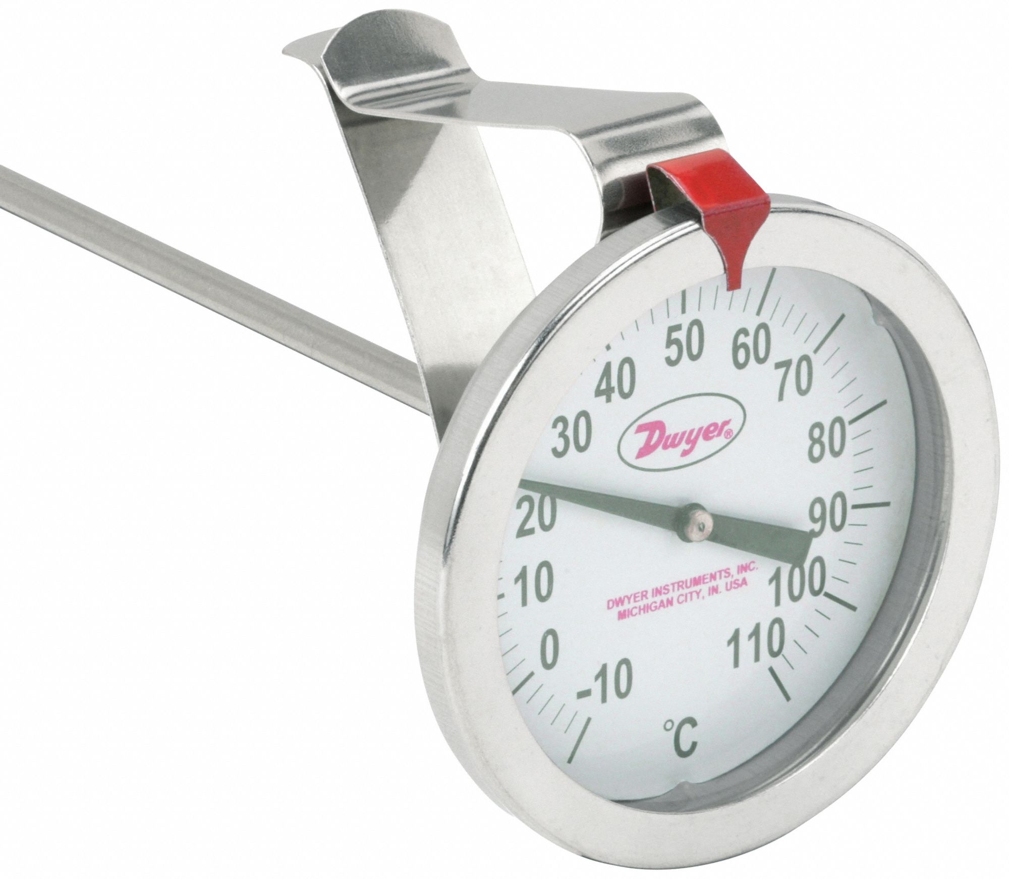 Clip On Dial Thermometer: -10°C to 110°C, +/- 2% Accuracy, 5 in Stem Lg, Celsius