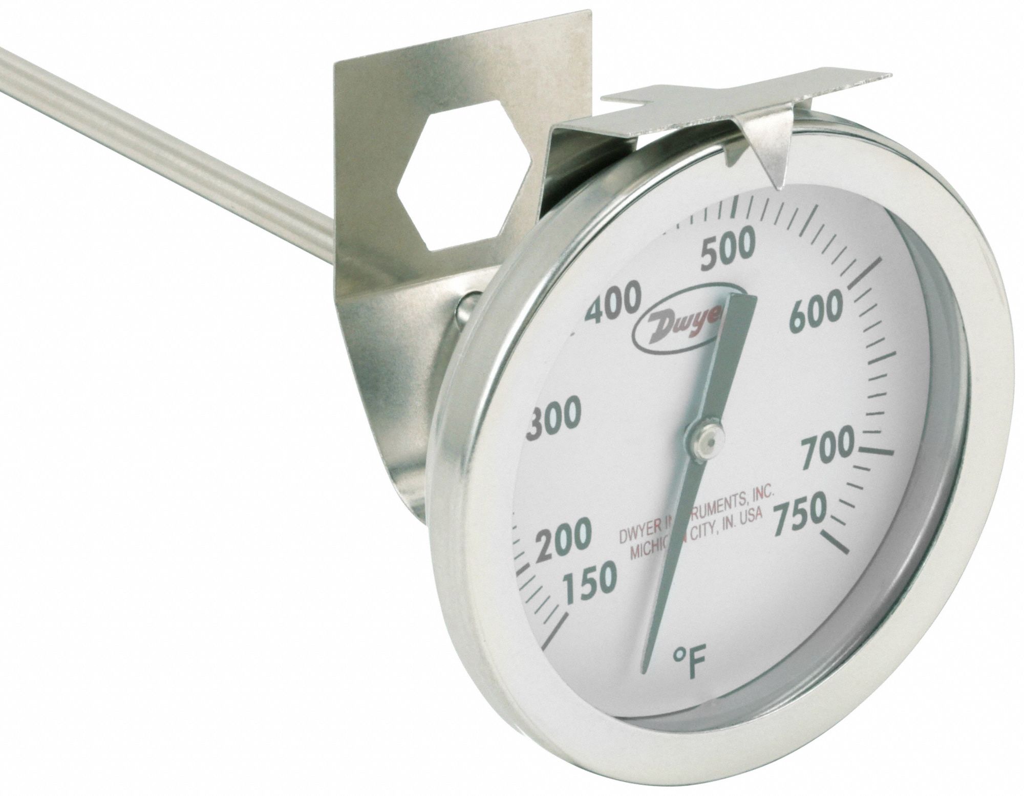 Clip On Dial Thermometer: 150°F to 750°F, +/- 2% Accuracy, 8 in Stem Lg, Fahrenheit