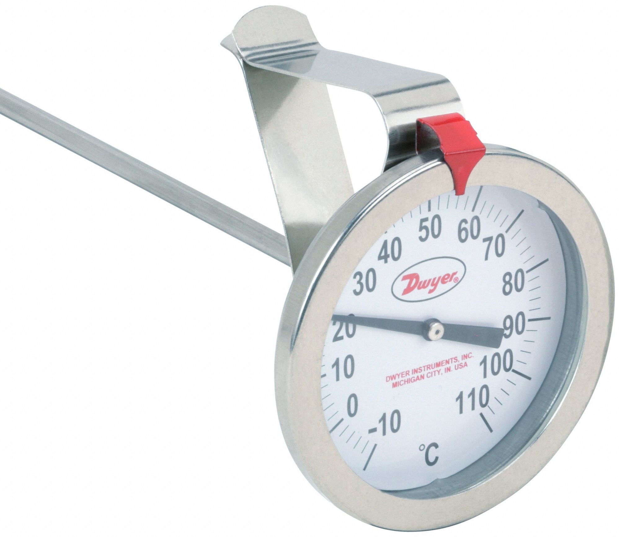 Clip On Dial Thermometer: -10°F to 110°F, +/- 2% Accuracy, 8 in Stem Lg, Fahrenheit