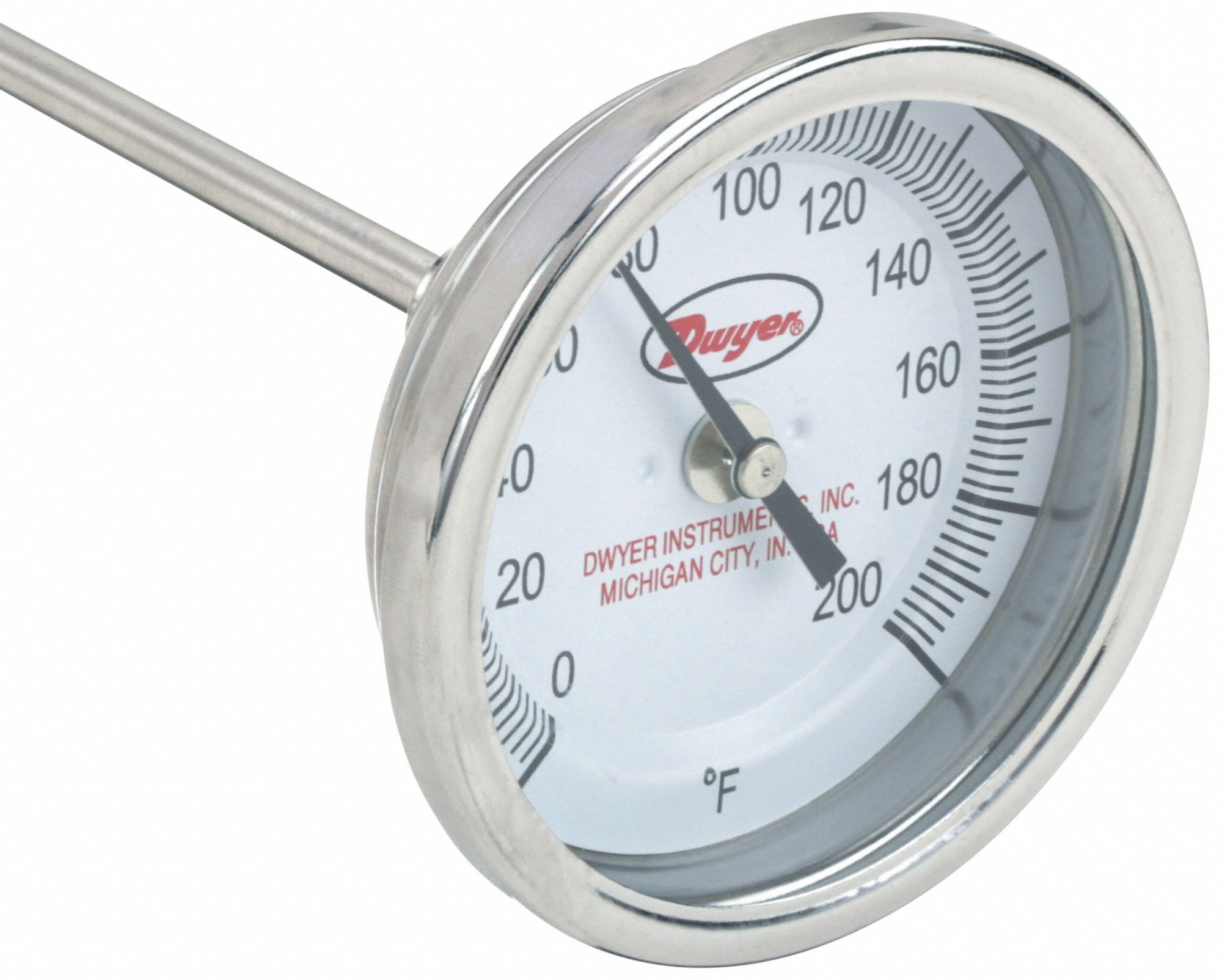 Long Reach Dial Thermometer: 0°F to 200°F, +/- 1% Accuracy, 3 in Dial Dia, 1/2 in Thread Size