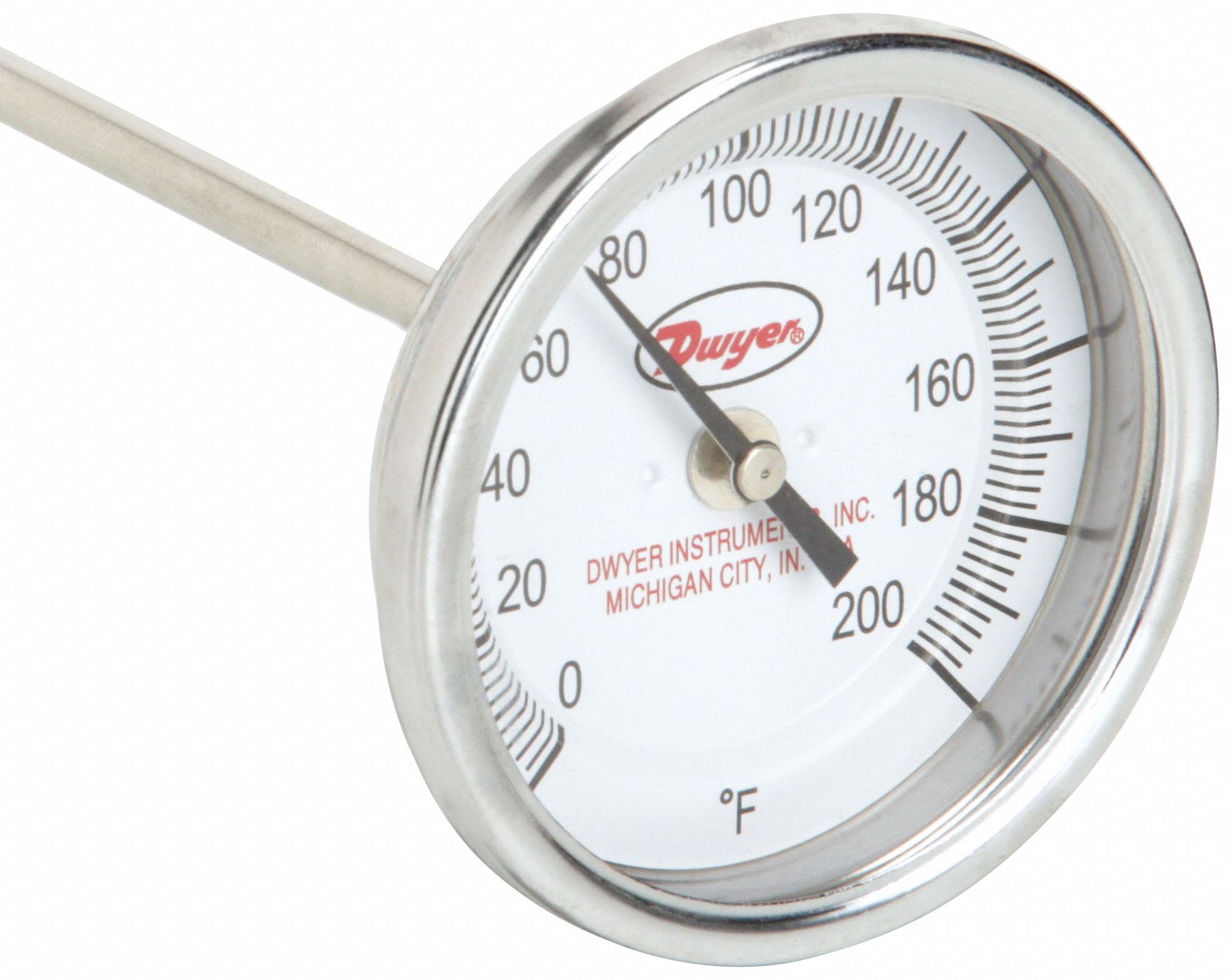 Long Reach Dial Thermometer: 0°F to 200°F, +/- 1% Accuracy, 3 in Dial Dia, 1/2 in Thread Size