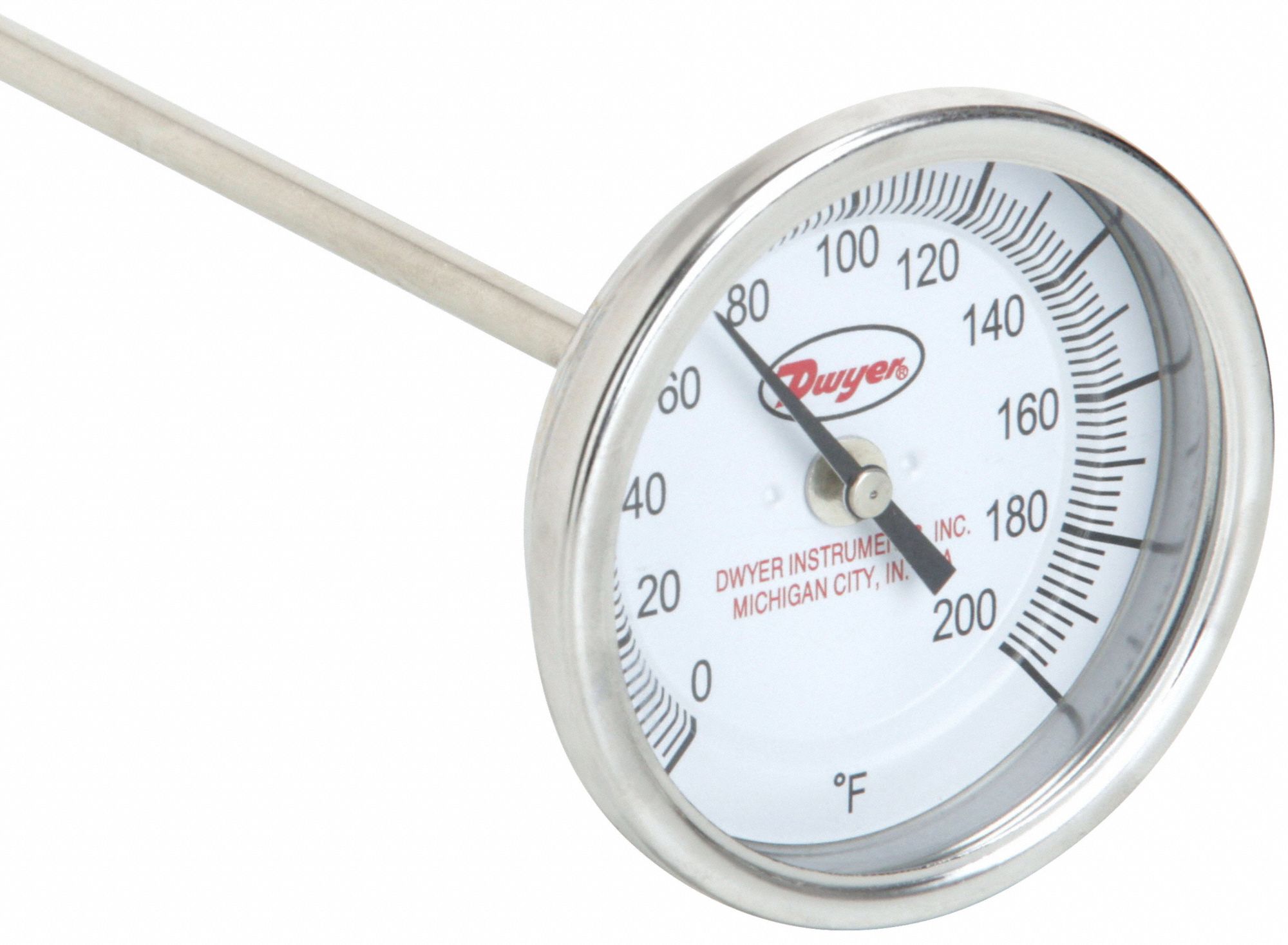 Long Reach Dial Thermometer: 0°F to 200°F, +/- 1% Accuracy, 3 in Dial Dia, 1/2 in Thread Size