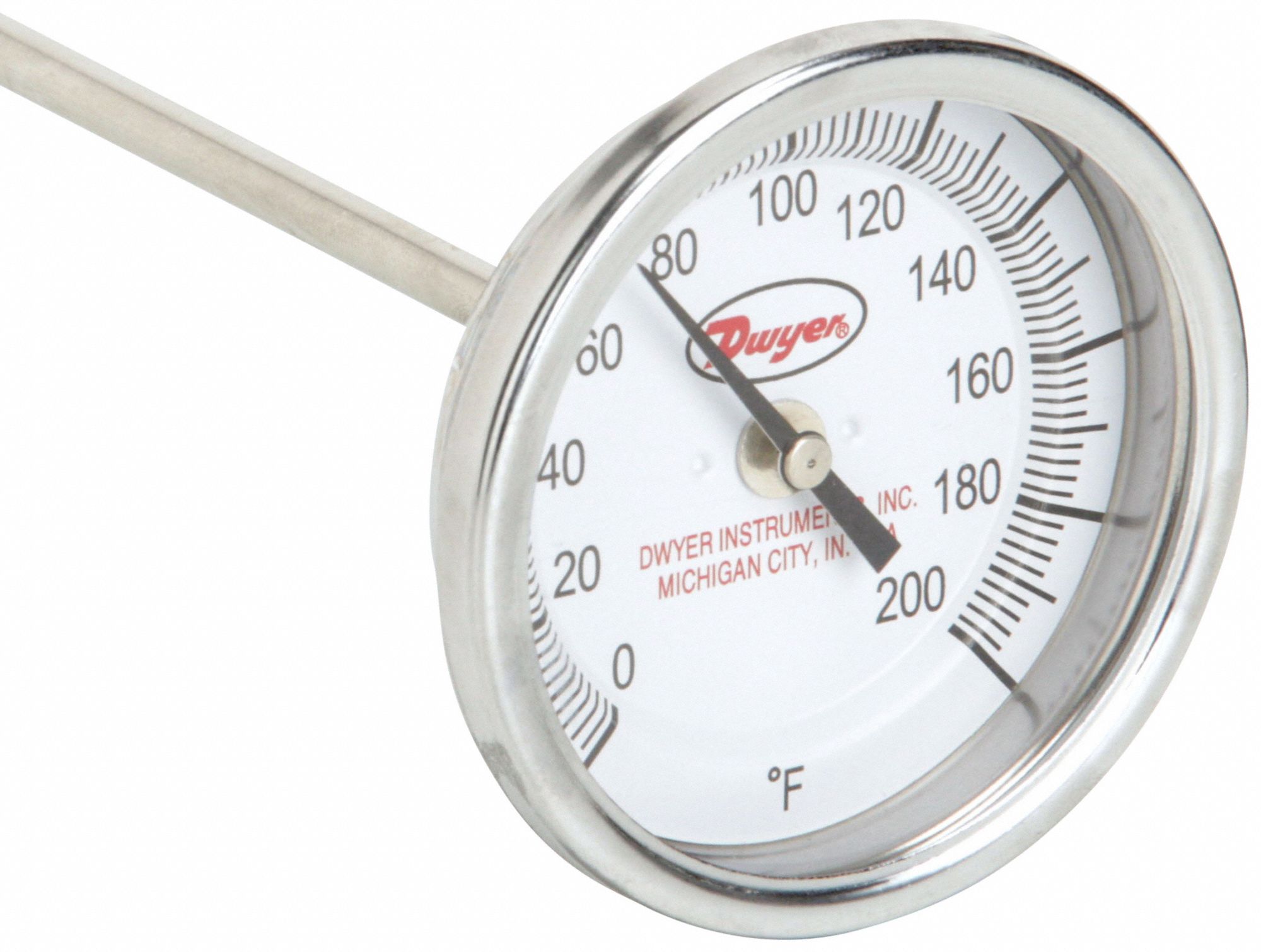Long Reach Dial Thermometer: 0°F to 200°F, +/- 1% Accuracy, 3 in Dial Dia, 1/2 in Thread Size