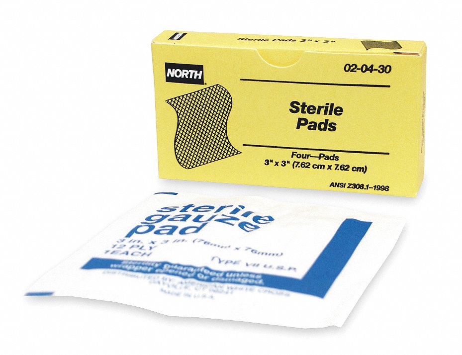 Gauze Pad: 3 in Dressing Lg, 3 in Dressing Wd, Gauze, Sterile, Fastener Not Included, 4 PK