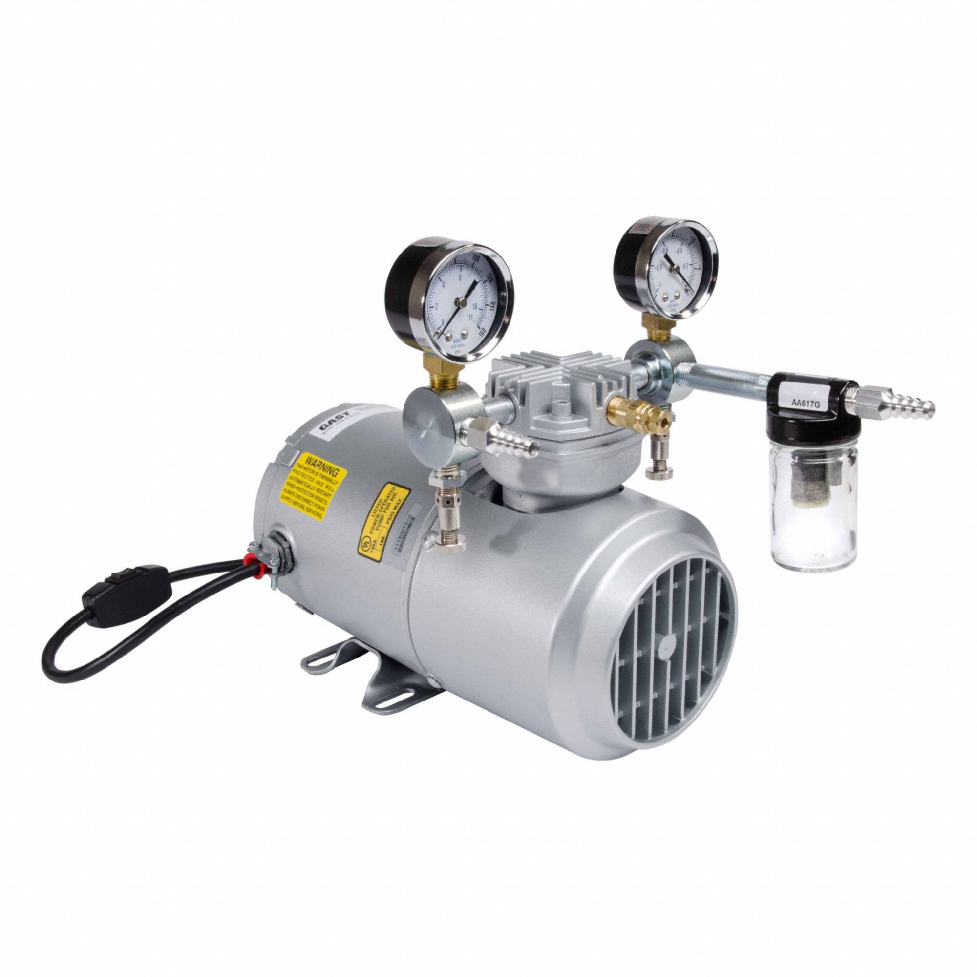 Piston Air Compressor: 0.166 hp, 1 Phase, 115V AC, 27.5 in Hg Max Vacuum, 1.8 cfm