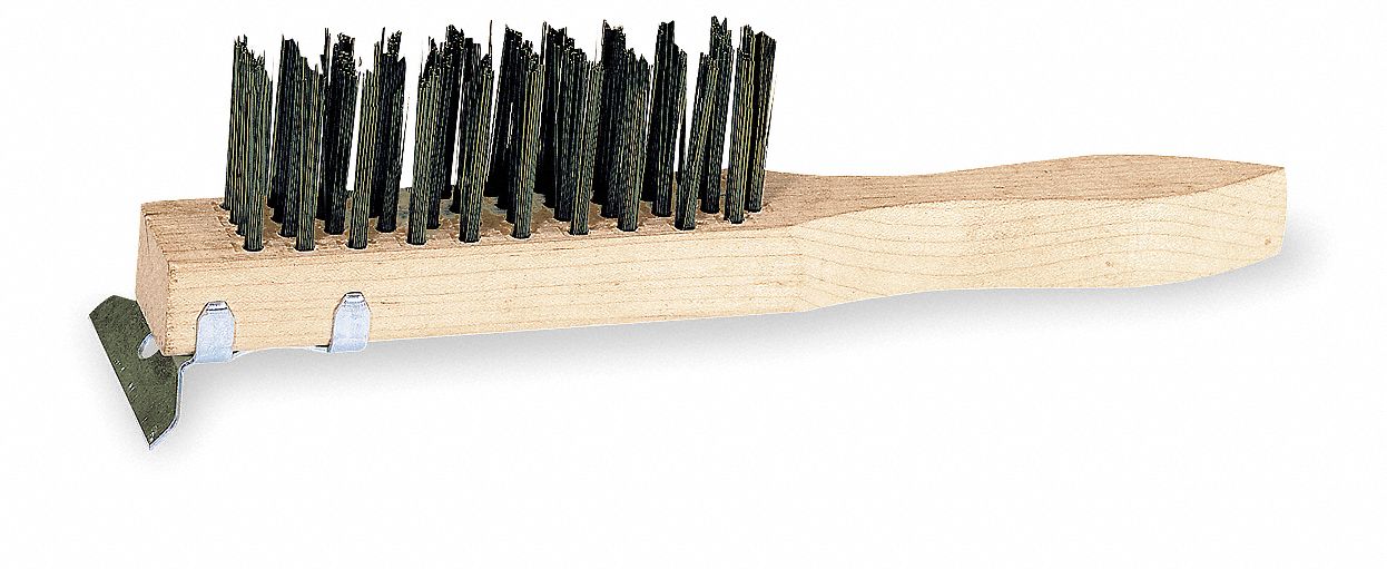 Scratch Brush with Scraper: Carbon Steel Bristles, Wood Handle, 5 1/4 in Brush Lg