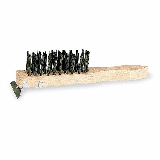 Scratch Brush with Scraper: Carbon Steel Bristles, Wood Handle, 5 1/4 in Brush Lg
