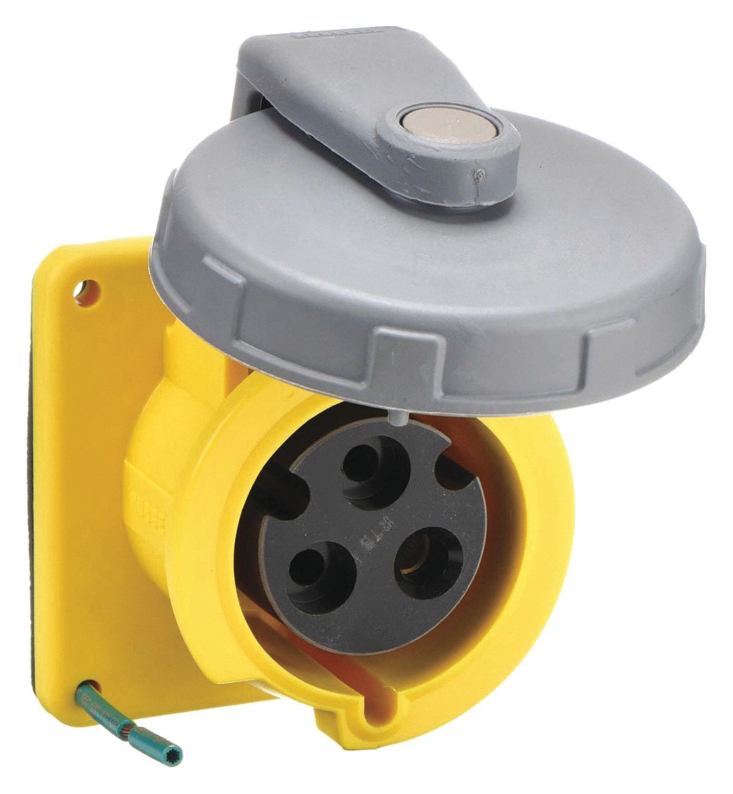 Watertight Pin and Sleeve Receptacle: 30 A, 125V AC, 2 hp Horsepower Rating, IEC Grounding, Yellow