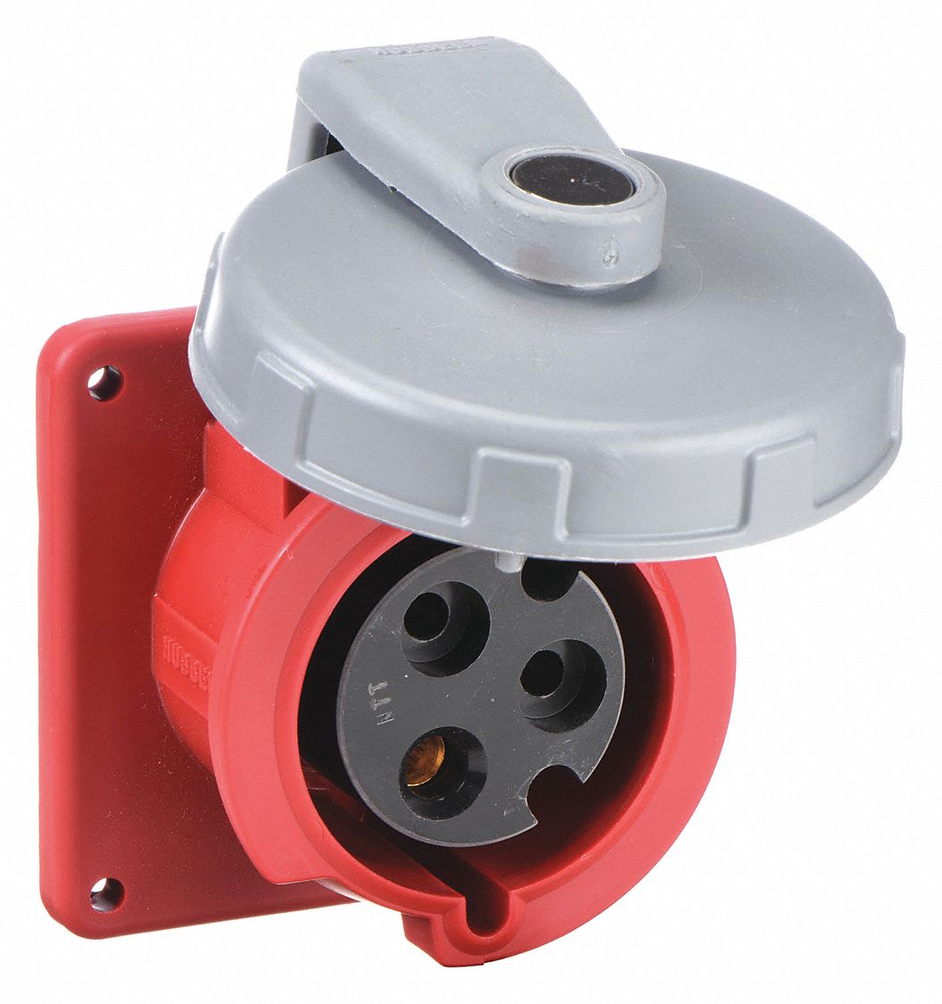 Watertight Pin and Sleeve Receptacle: 30 A, 480V AC, 7 1/2 hp Horsepower Rating, IEC Grounding, Red