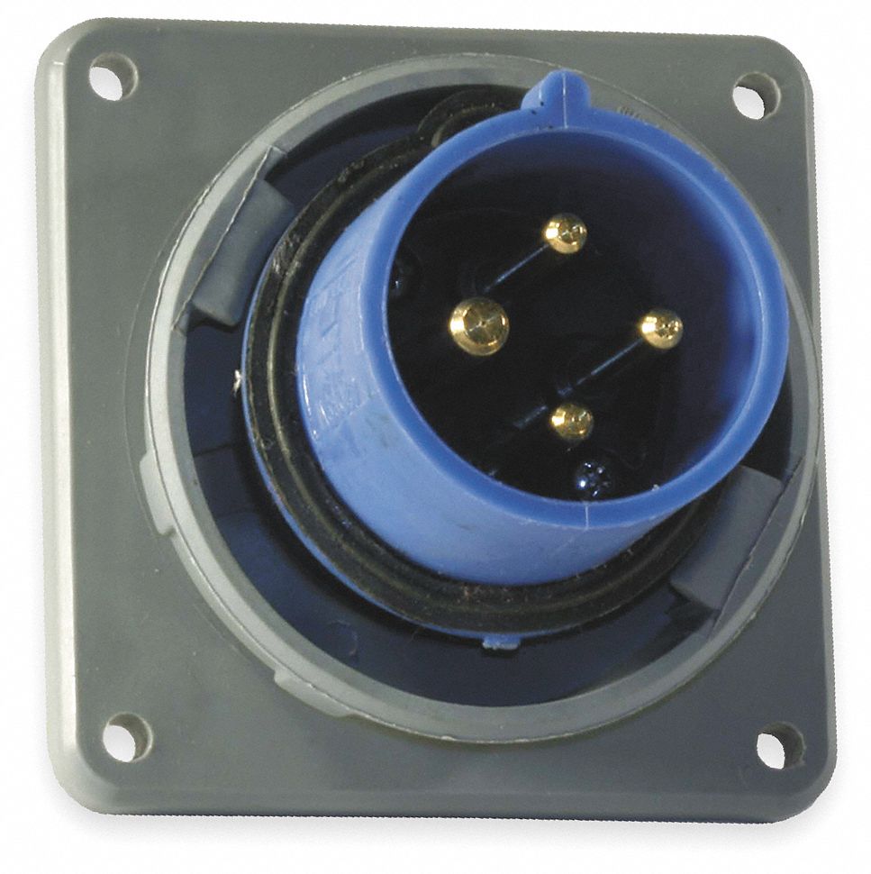 Watertight Pin and Sleeve Inlet: 20 A, 250V AC, IEC Grounding, Blue, 5 hp Horsepower Rating