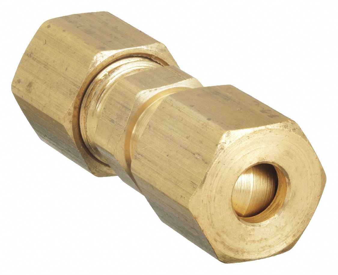 Compression Fitting Union: 1/8 in OD x 1/8 in OD Fitting Size, Brass, 10 PK