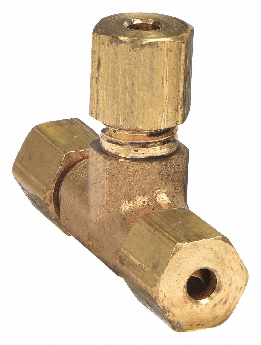 Compression Tee Fitting: 1/8 in OD x 1/8 in OD x 1/8 in OD Fitting Size, Brass, 10 PK