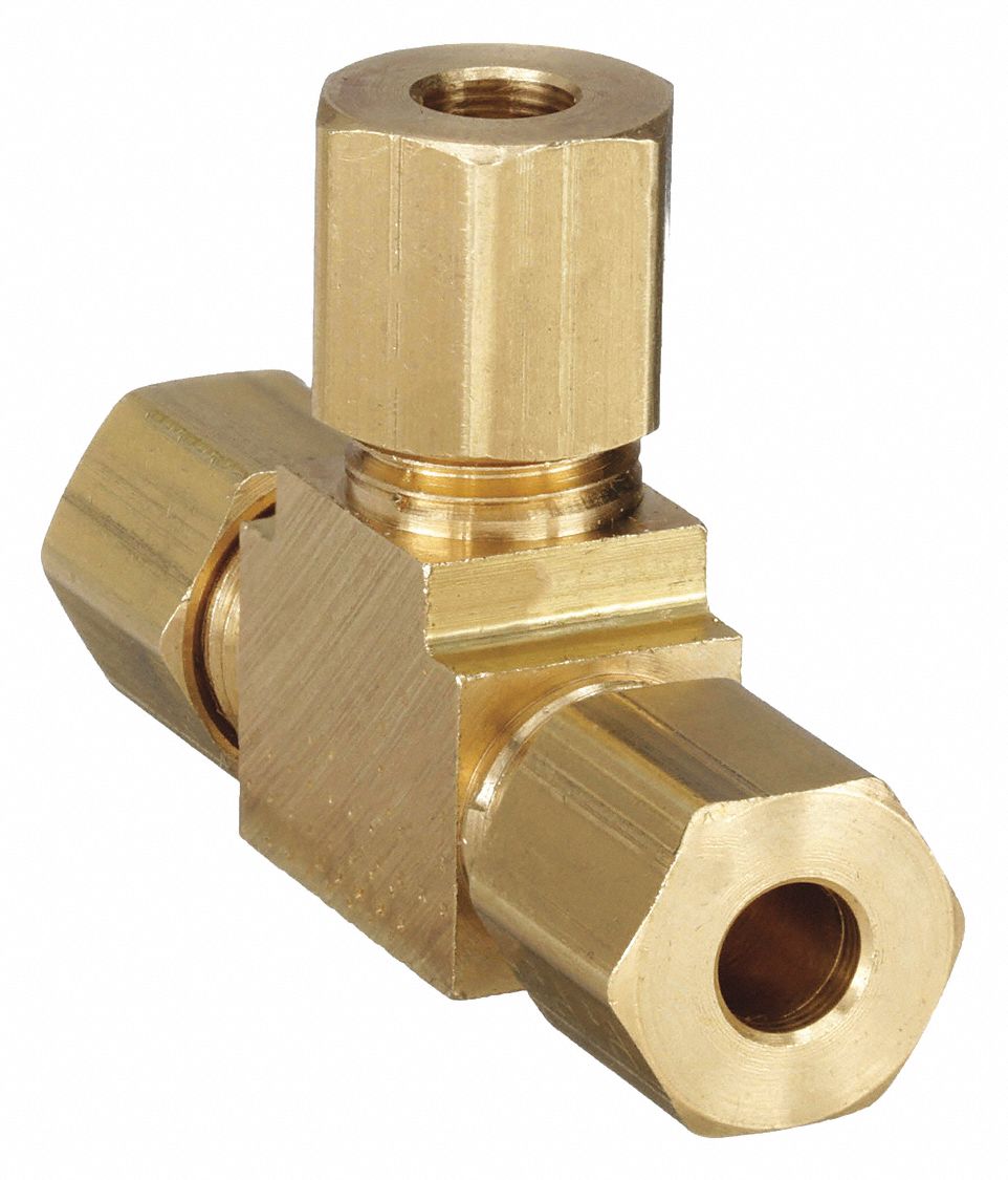 Compression Tee Fitting: 3/16 in OD x 3/16 in OD x 3/16 in OD Fitting Size, Brass, 10 PK