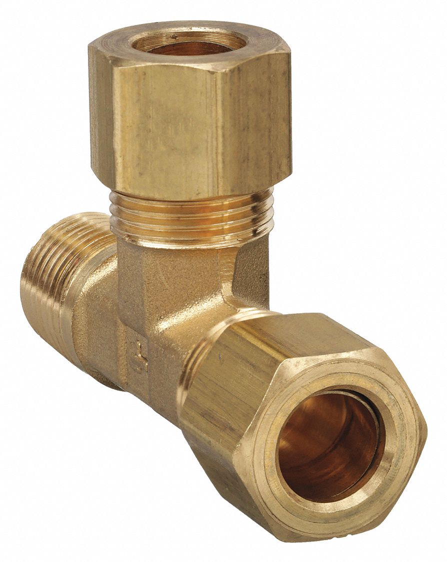 Compression Tee Fitting: 1/4 in OD x 1/8 in Pipe x 1/4 in OD Fitting Size, Brass, 10 PK