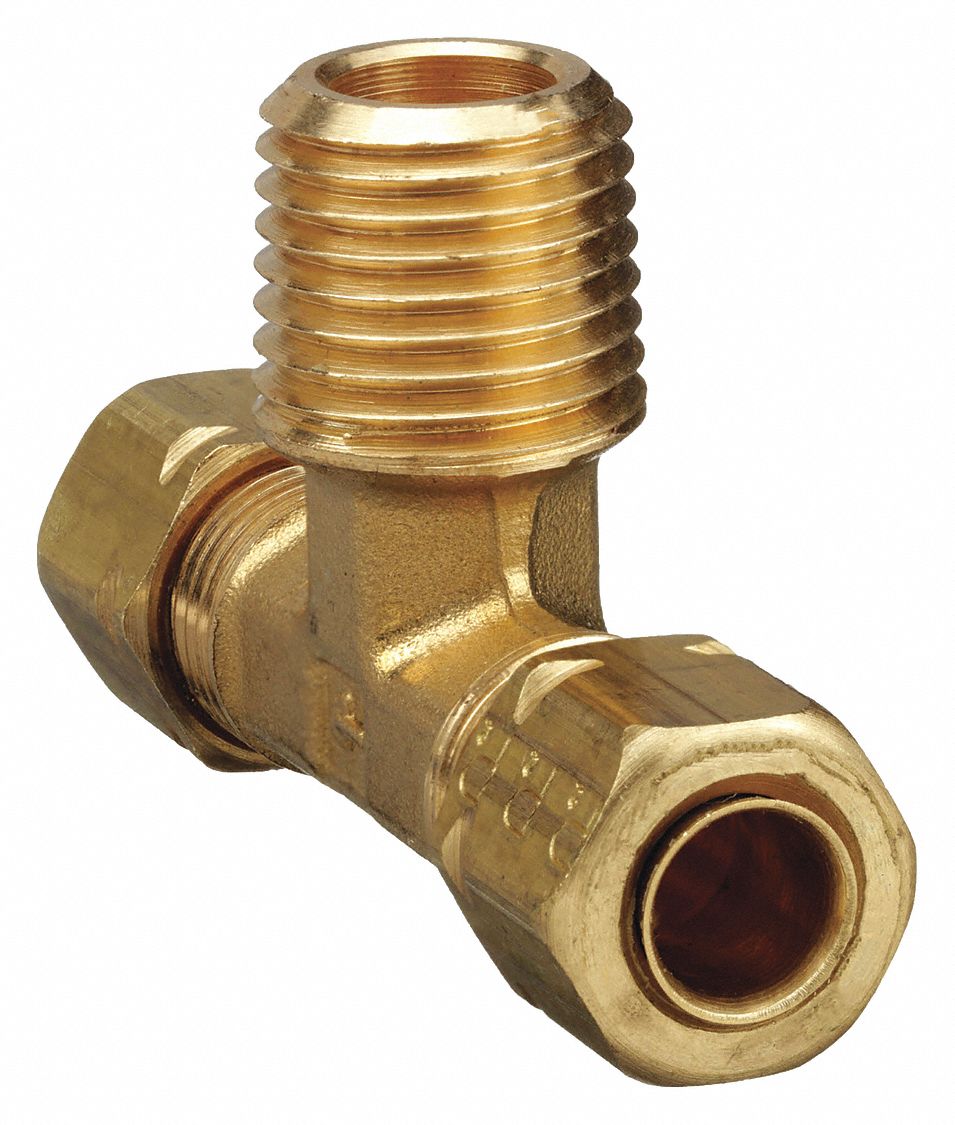 Compression Tee Fitting: 1/4 in OD x 1/4 in OD x 1/4 in Pipe Fitting Size, Brass, 10 PK