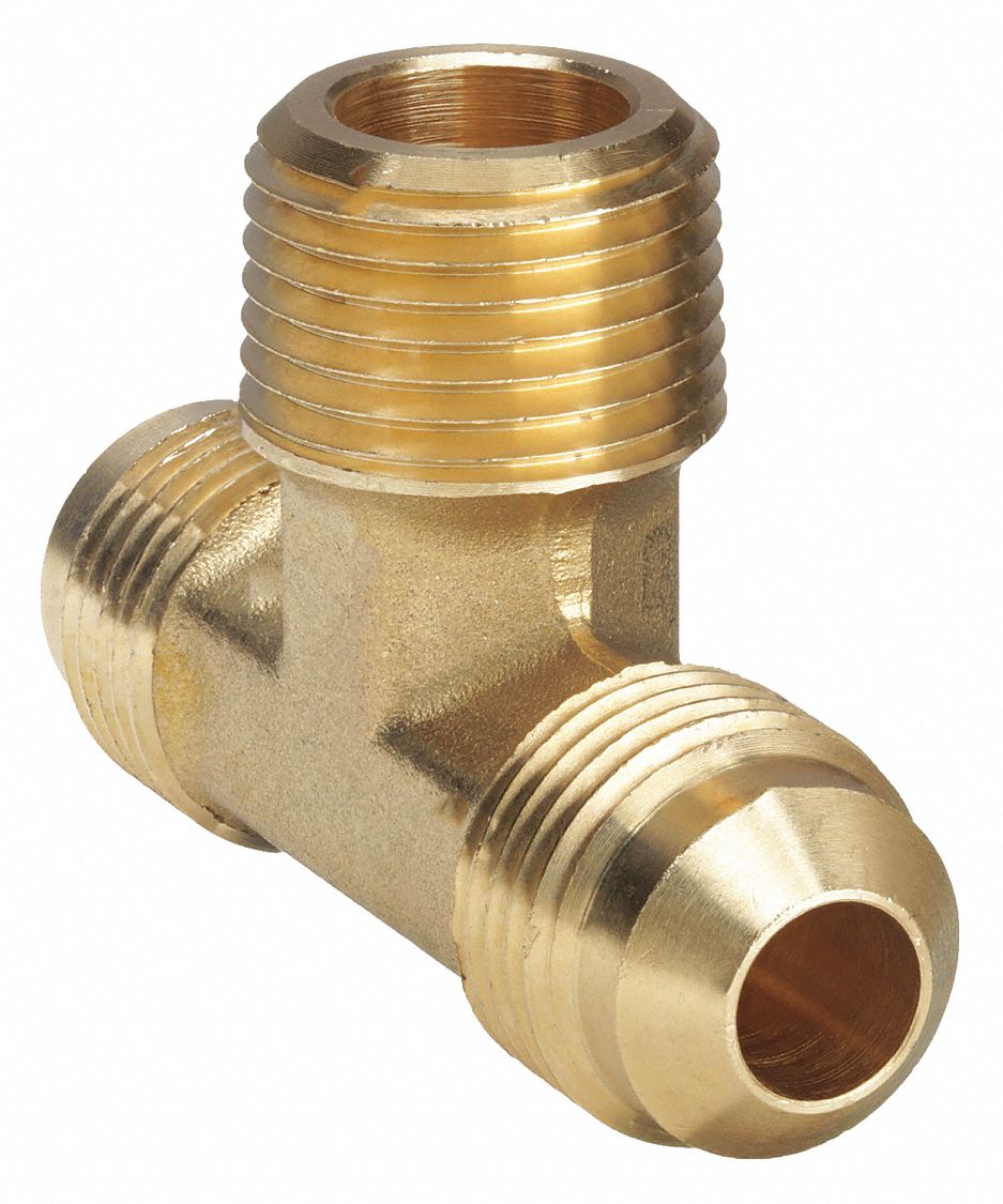 Flared Fitting Tee: 1/2 in OD x 1/2 in OD x 1/2 in Pipe Fitting Size, Flared/Threaded, Brass, 10 PK