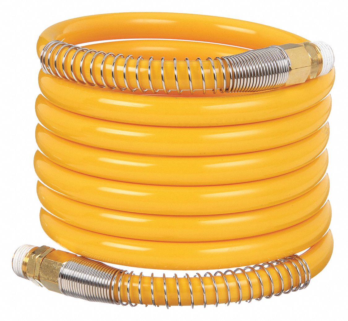 COILED AIR HOSE, ¼ IN HOSE ID, YELLOW, BRASS X BRASS, MNPT X MNPT, BRASS, 12 FT L