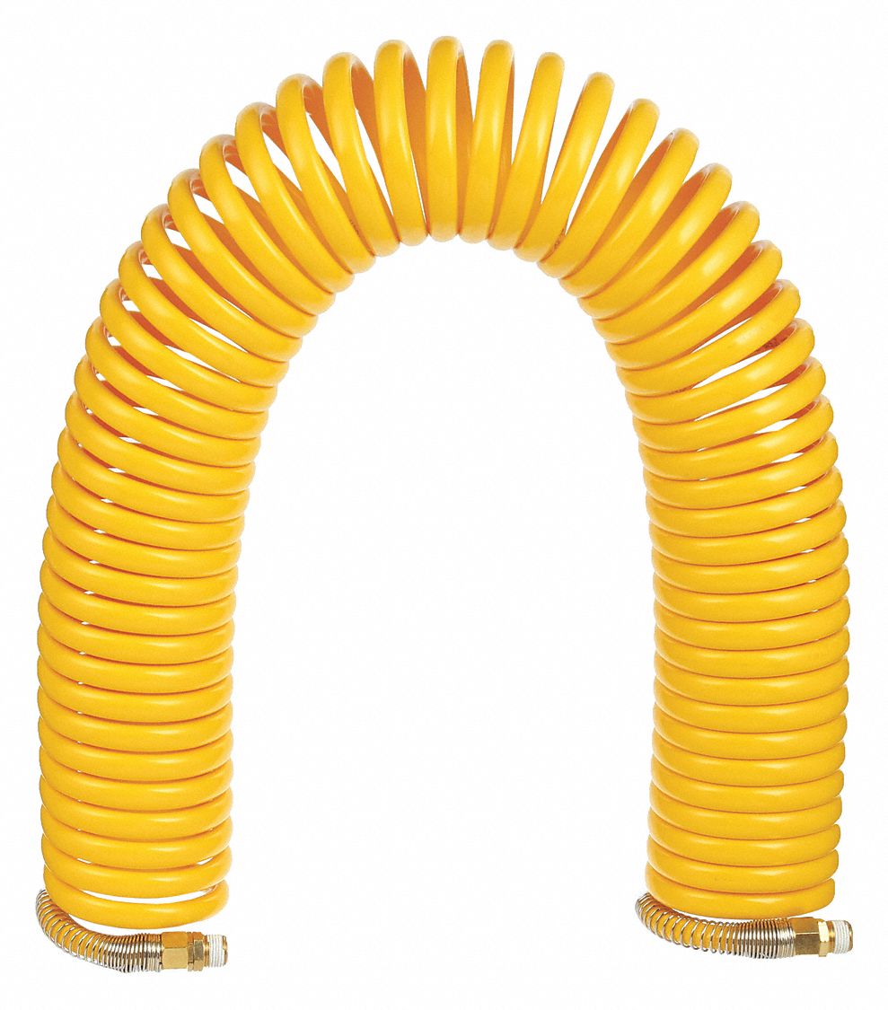 COILED AIR HOSE, ⅜ IN INSIDE DIAMETER, YELLOW, BRASS X BRASS, MNPT X MNPT, 50 FT L