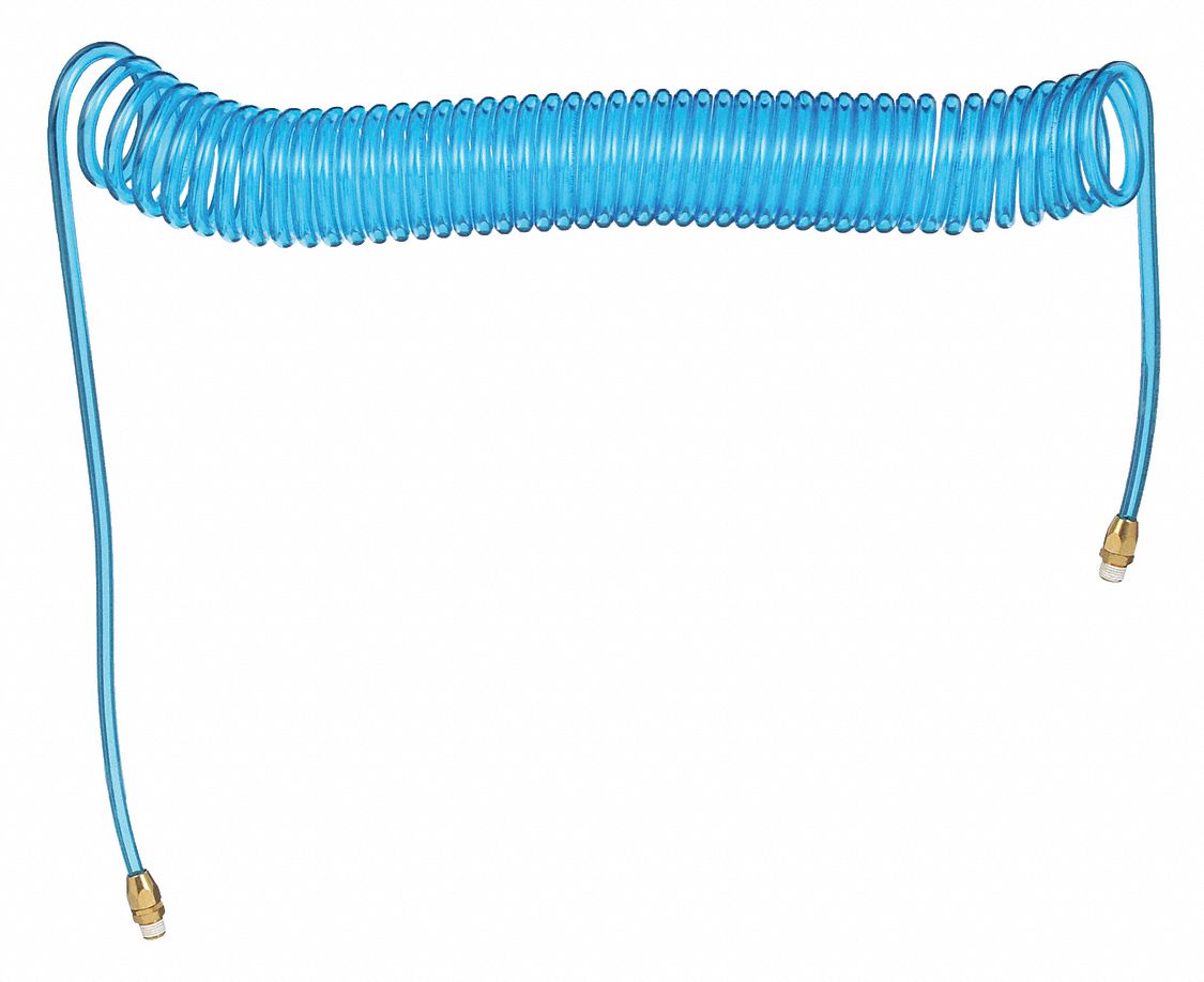 COILED AIR HOSE, ⅜ IN HOSE ID, BLUE, BRASS X BRASS, MNPT X MNPT, 30 FT HOSE LENGTH