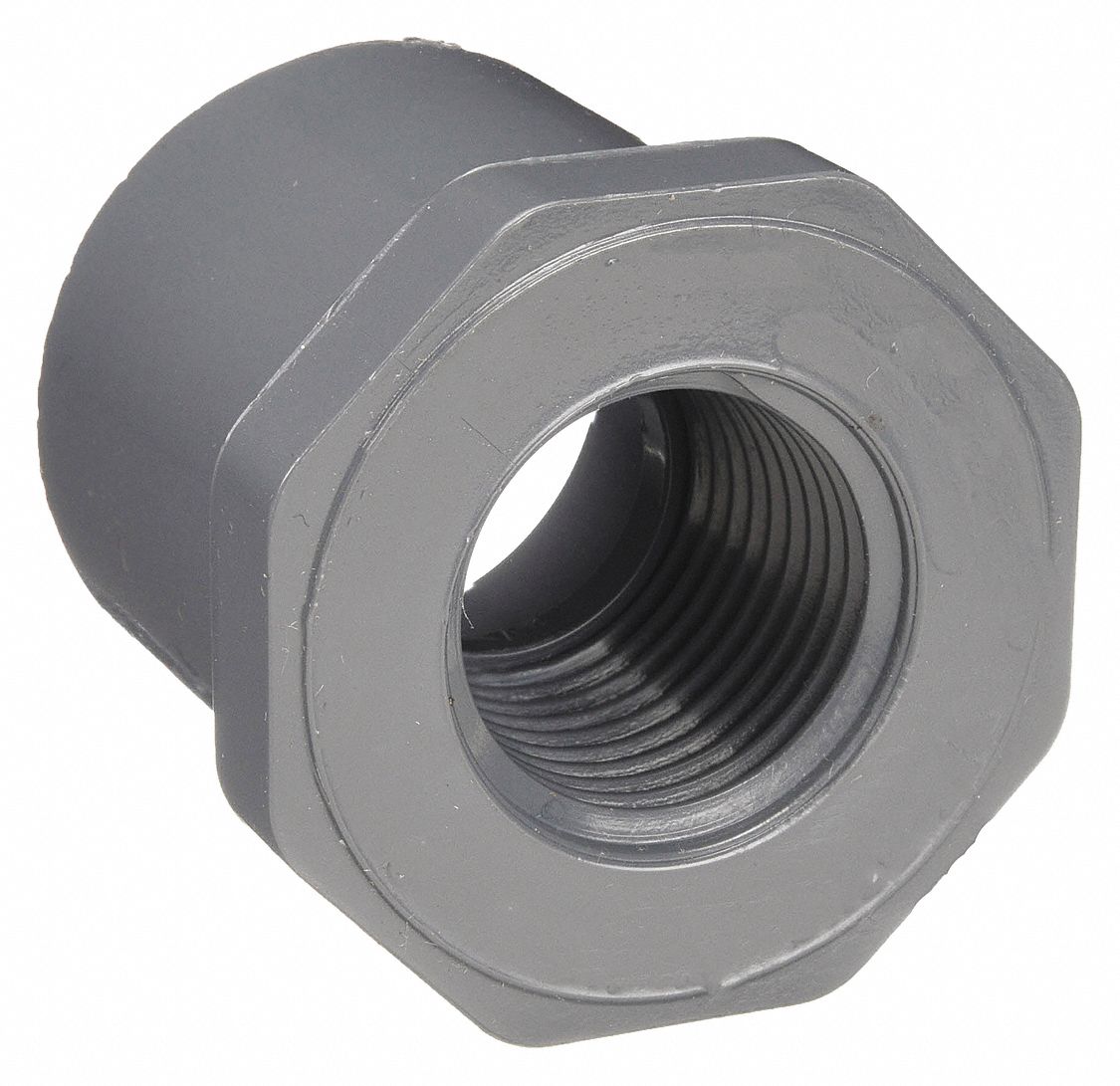 REDUCING BUSHING: 1½ IN X 1 IN FITTING, SCHEDULE 80, MALE SPIGOT X FEMALE NPT, GREY
