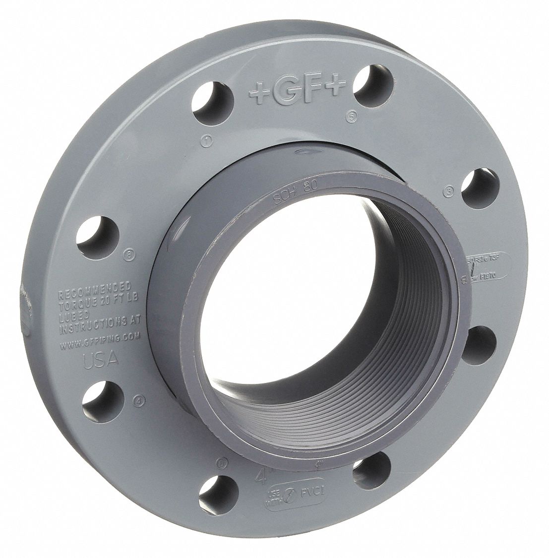 Van Stone Flange: Schedule 80, PVC, 4 in Size, Threaded, Female NPT, Gray, 150 psi Max Op Pressure