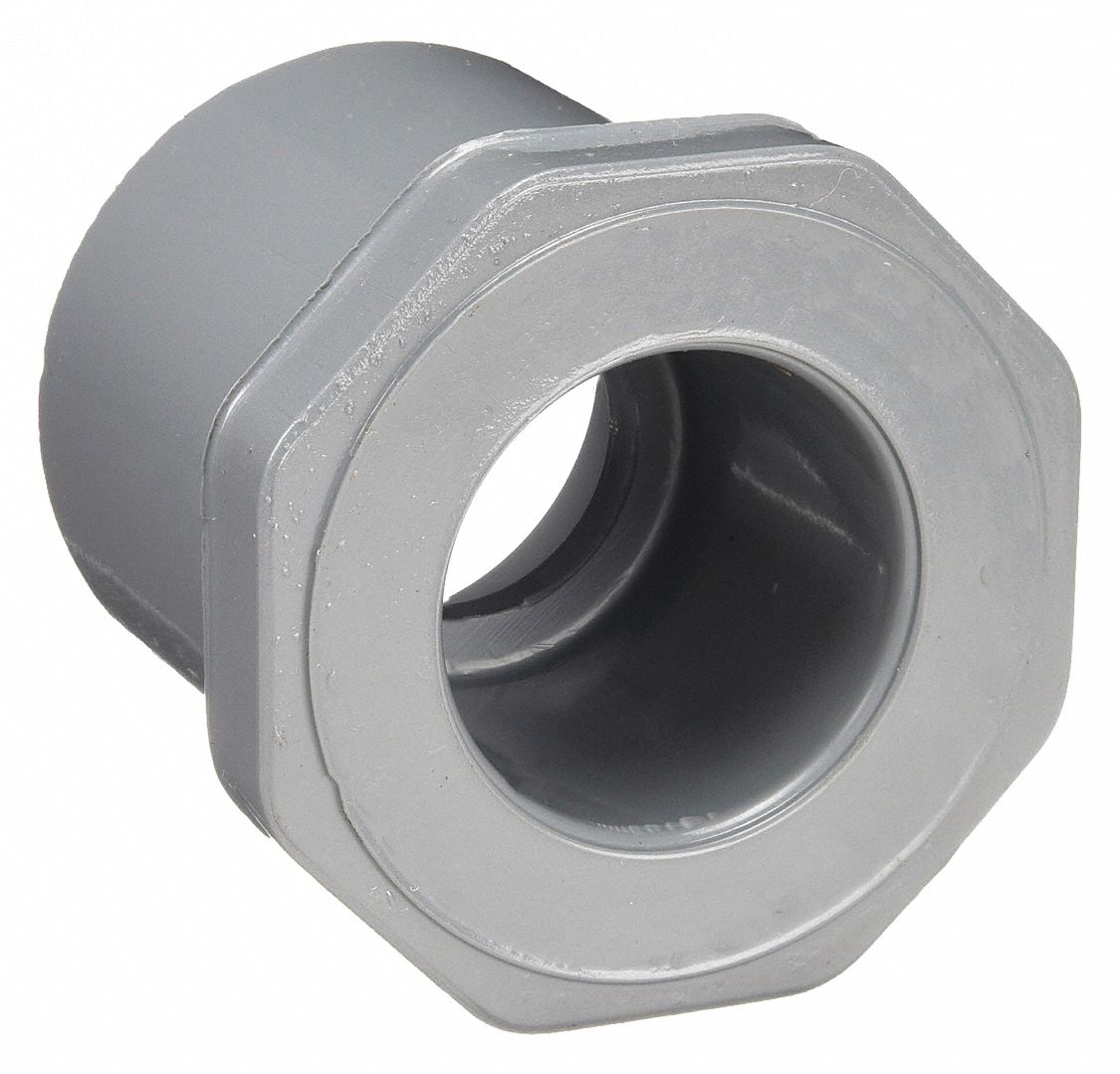 REDUCING BUSHING: 2 IN X ½ IN FITTING, SCHEDULE 80, MALE SPIGOT X FEMALE SOCKET, GREY