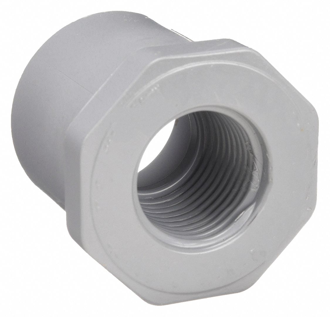 Reducing Bushing: 2 in x 1 in Fitting Pipe Size, Schedule 80, Male Spigot x  Female NPT, Gray