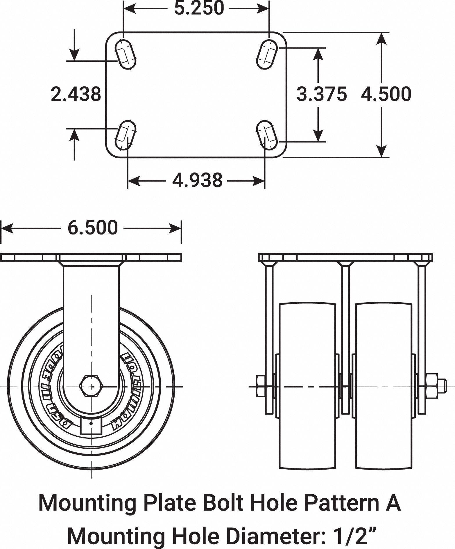 HAMILTON R-HS2-6DB Standard Plate Caster,Rigid,2400 lb.