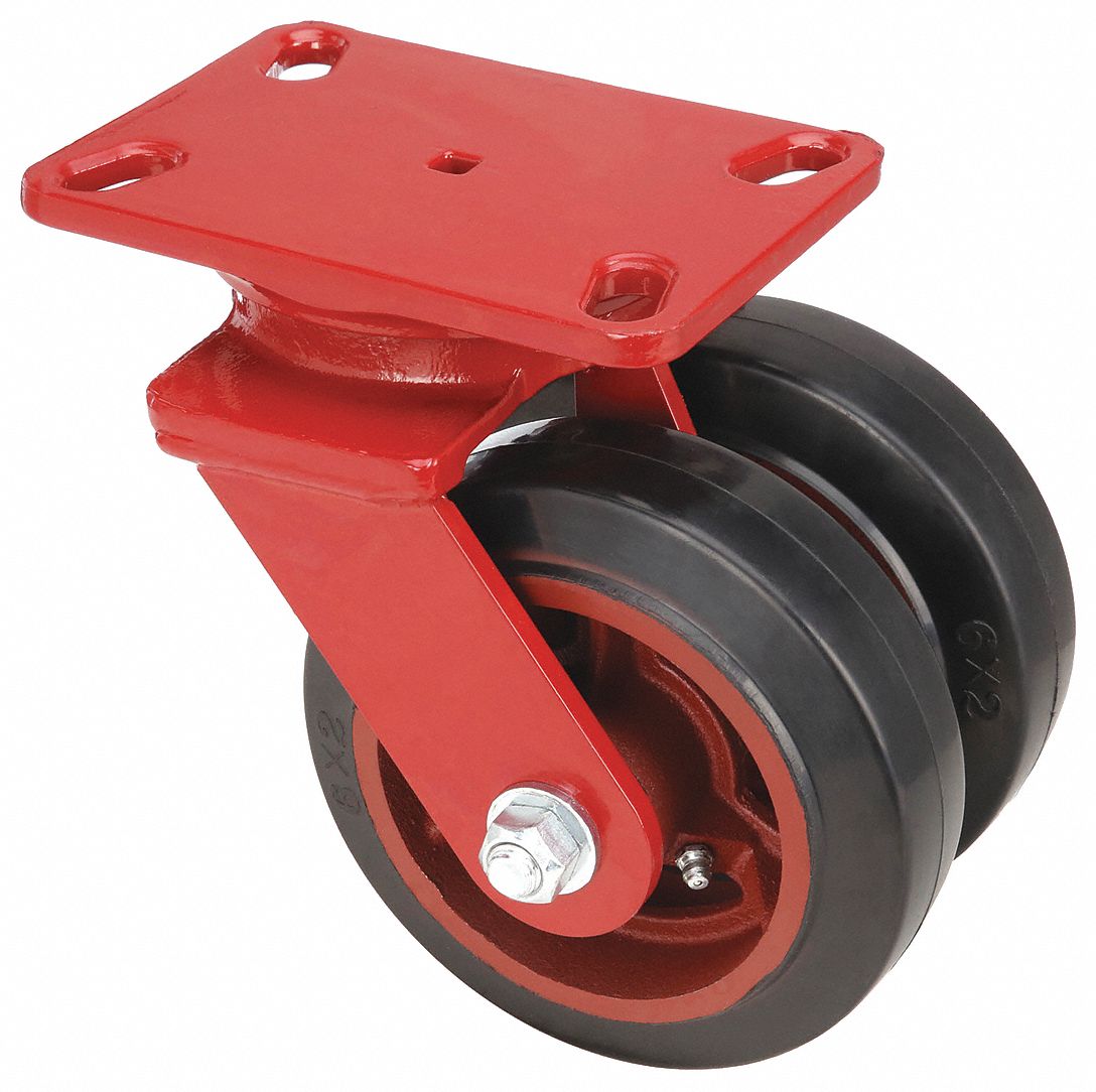 Plate Caster: Swivel, No Brake, Rubber, 6 in Wheel Dia, 2 in Wheel Wd, 7 3/4 in Mounting Ht